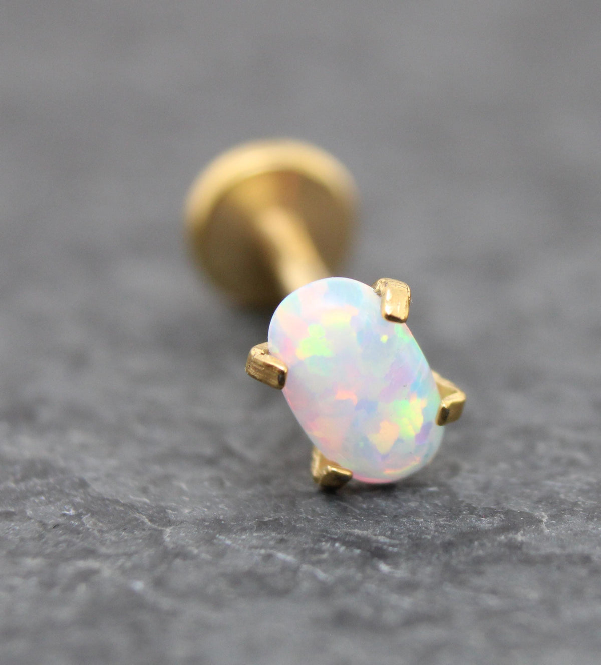 Tiny Opal Flat Back Gold Earring • Oval Tragus Piercing Stud • Threadless Push Pin Flat Back Earring • Forward Helix • Gold Nose Ring