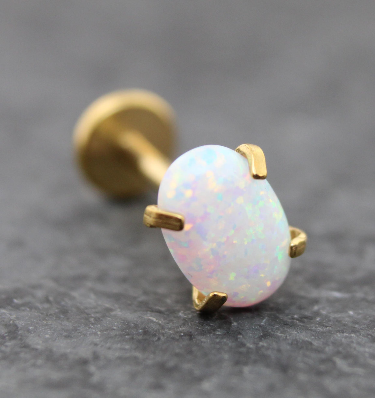 Tiny Opal Flat Back Gold Earring • Oval Tragus Piercing Stud • Threadless Push Pin Flat Back Earring • Forward Helix • Gold Nose Ring