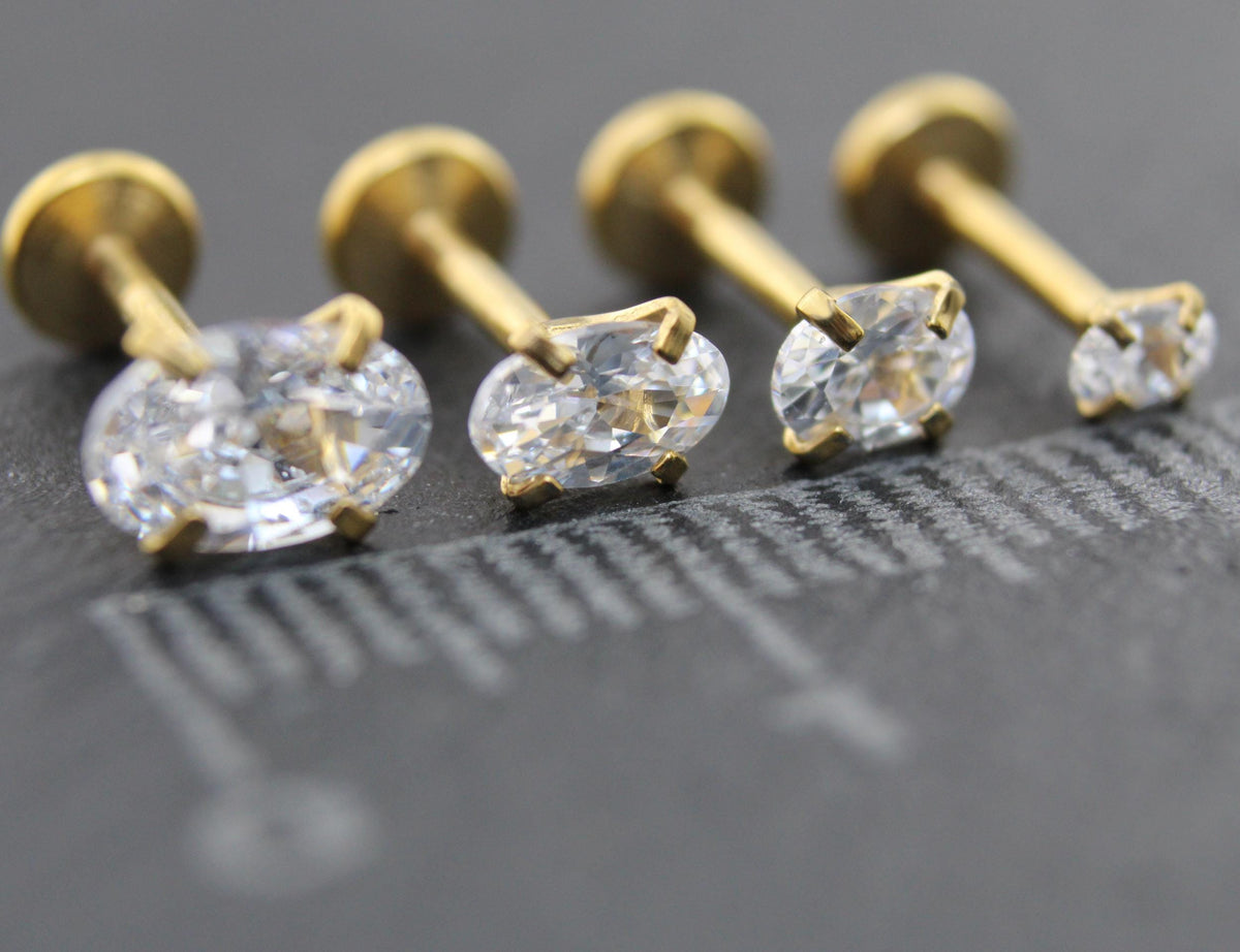 Tiny Oval Clear CZ Tragus Gold Earring • Gold PVD Nose Ring • Tragus Piercing Stud • Threadless Push Pin Flat Back Earring • Forward Helix