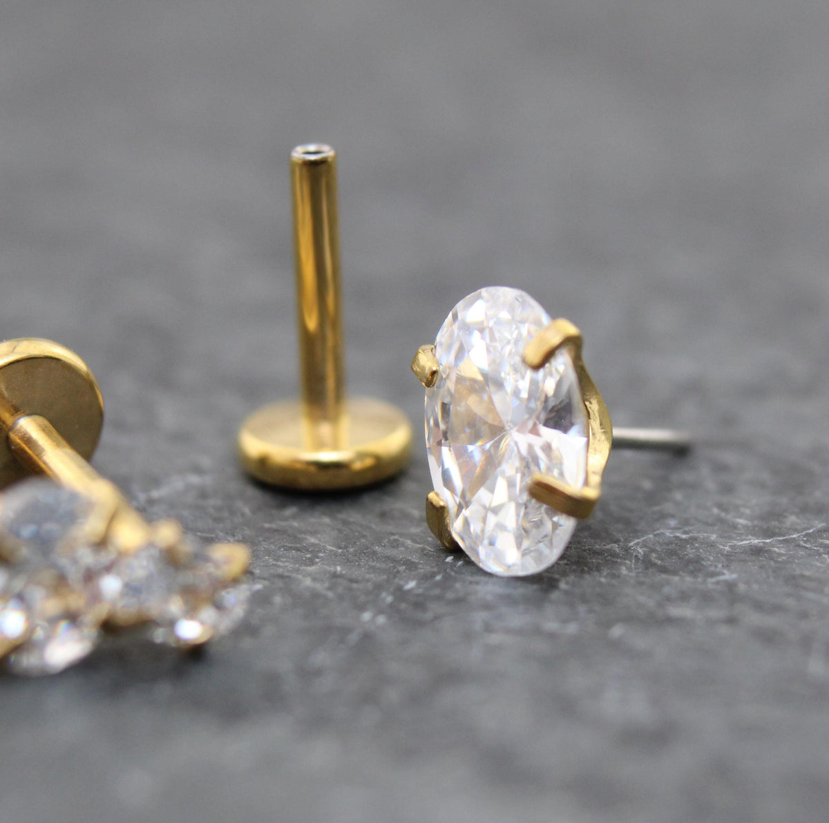Tiny Oval Clear CZ Tragus Gold Earring • Gold PVD Nose Ring • Tragus Piercing Stud • Threadless Push Pin Flat Back Earring • Forward Helix