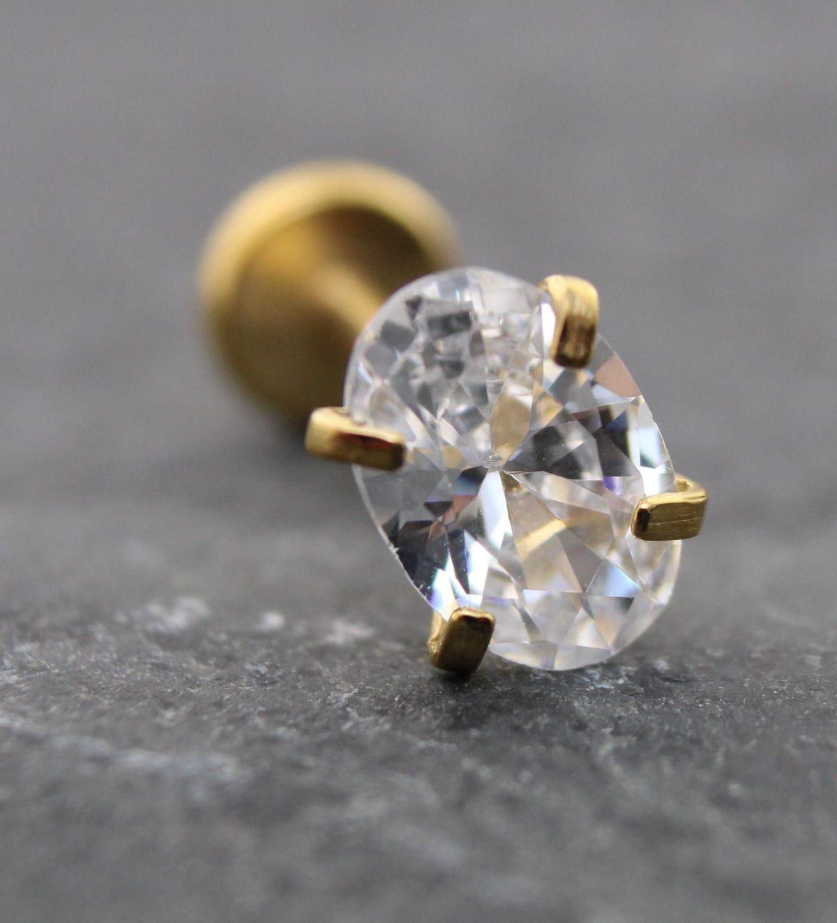 Tiny Oval Clear CZ Tragus Gold Earring • Gold PVD Nose Ring • Tragus Piercing Stud • Threadless Push Pin Flat Back Earring • Forward Helix