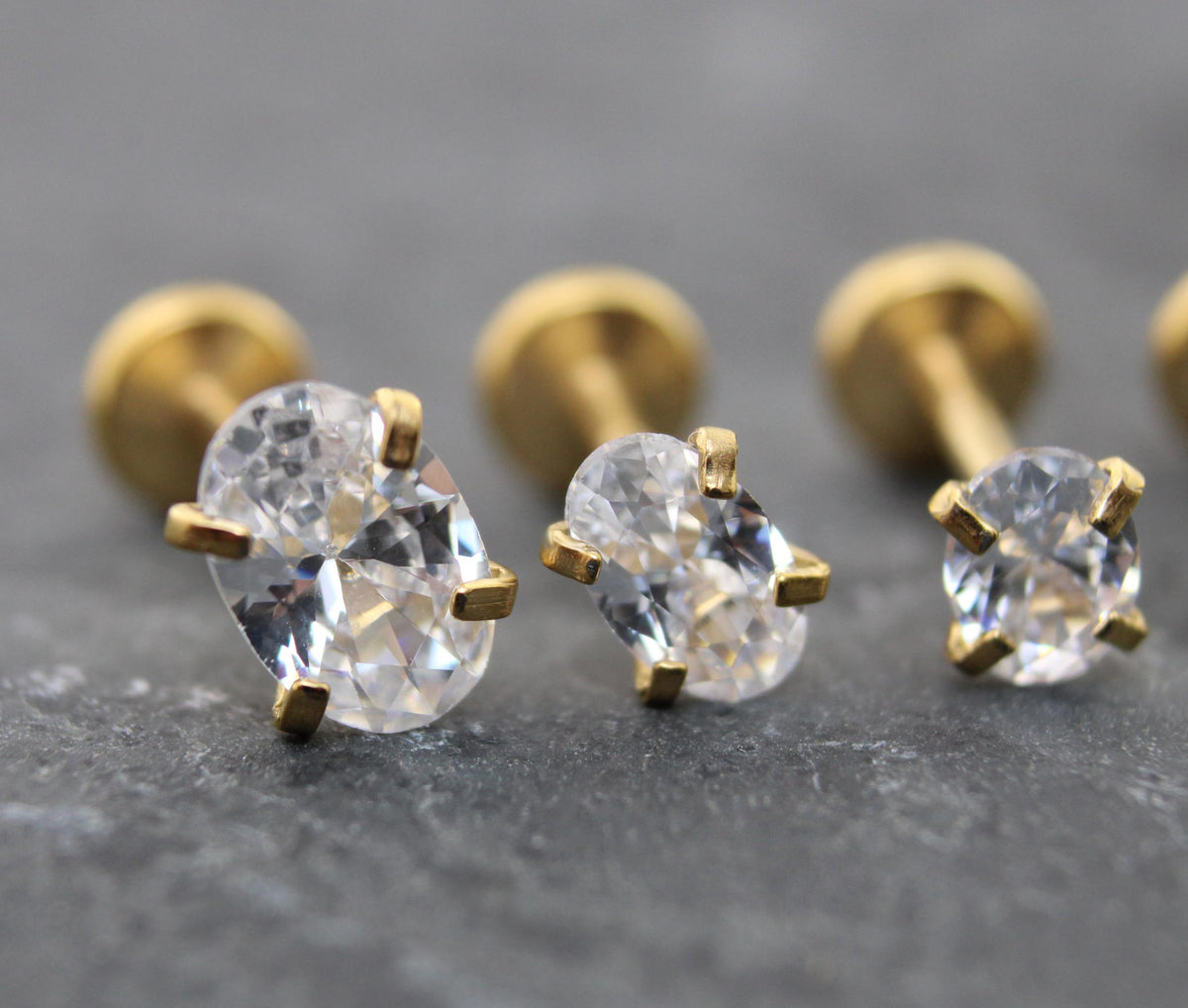 Tiny Oval Clear CZ Tragus Gold Earring • Gold PVD Nose Ring • Tragus Piercing Stud • Threadless Push Pin Flat Back Earring • Forward Helix