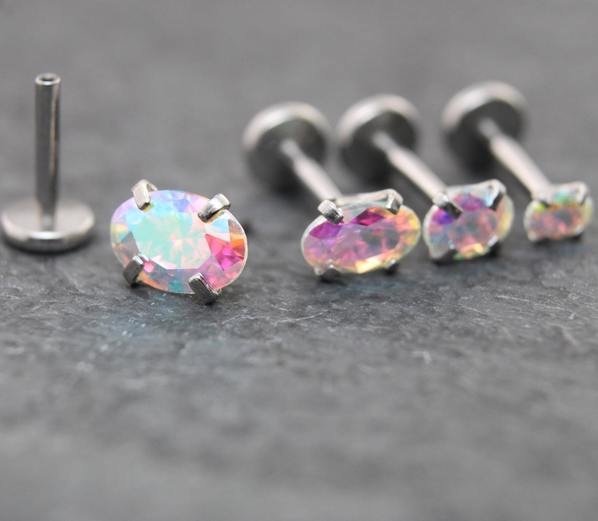 Tiny Oval AB CZ Tragus Silver Stud Earring • Rainbow Nose Ring • Tragus Piercing Stud Threadless Push Pin Flat Back Earring • Forward Helix