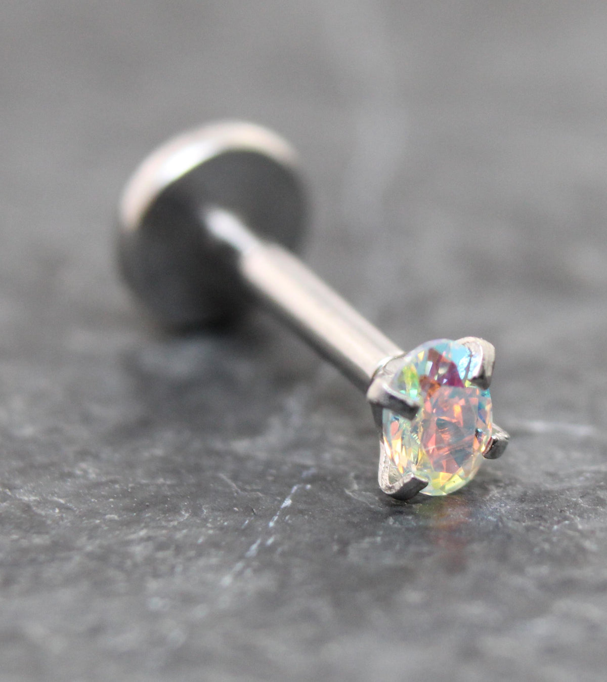 Tiny Oval AB CZ Tragus Silver Stud Earring • Rainbow Nose Ring • Tragus Piercing Stud Threadless Push Pin Flat Back Earring • Forward Helix