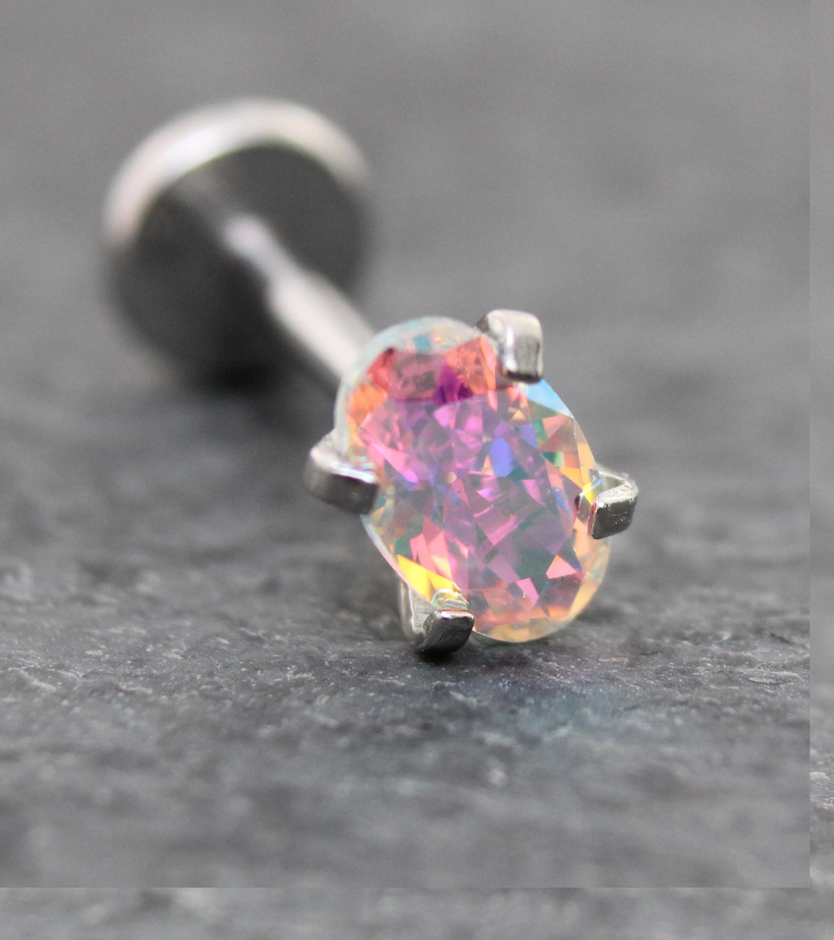 Tiny Oval AB CZ Tragus Silver Stud Earring • Rainbow Nose Ring • Tragus Piercing Stud Threadless Push Pin Flat Back Earring • Forward Helix