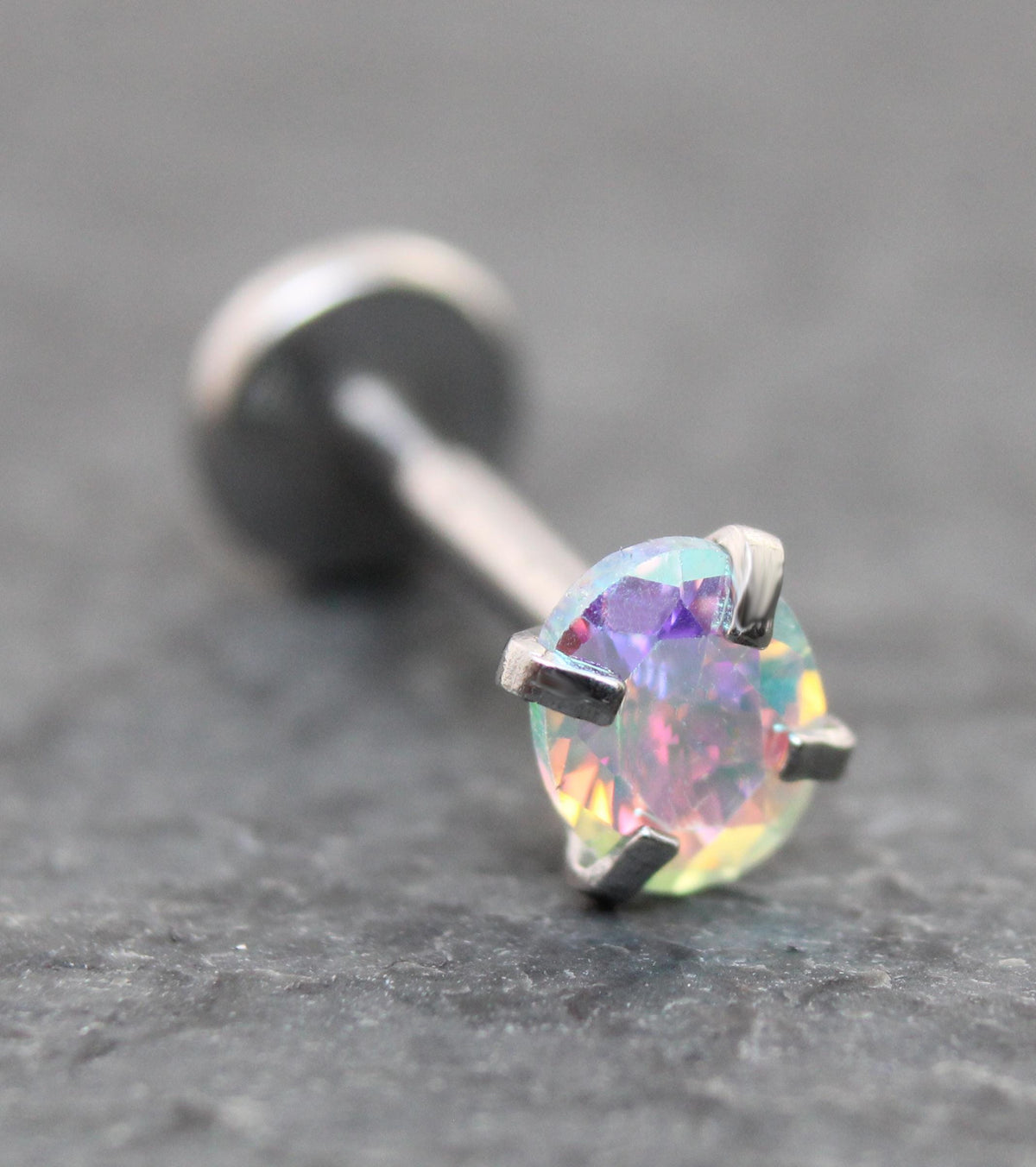 Tiny Oval AB CZ Tragus Silver Stud Earring • Rainbow Nose Ring • Tragus Piercing Stud Threadless Push Pin Flat Back Earring • Forward Helix