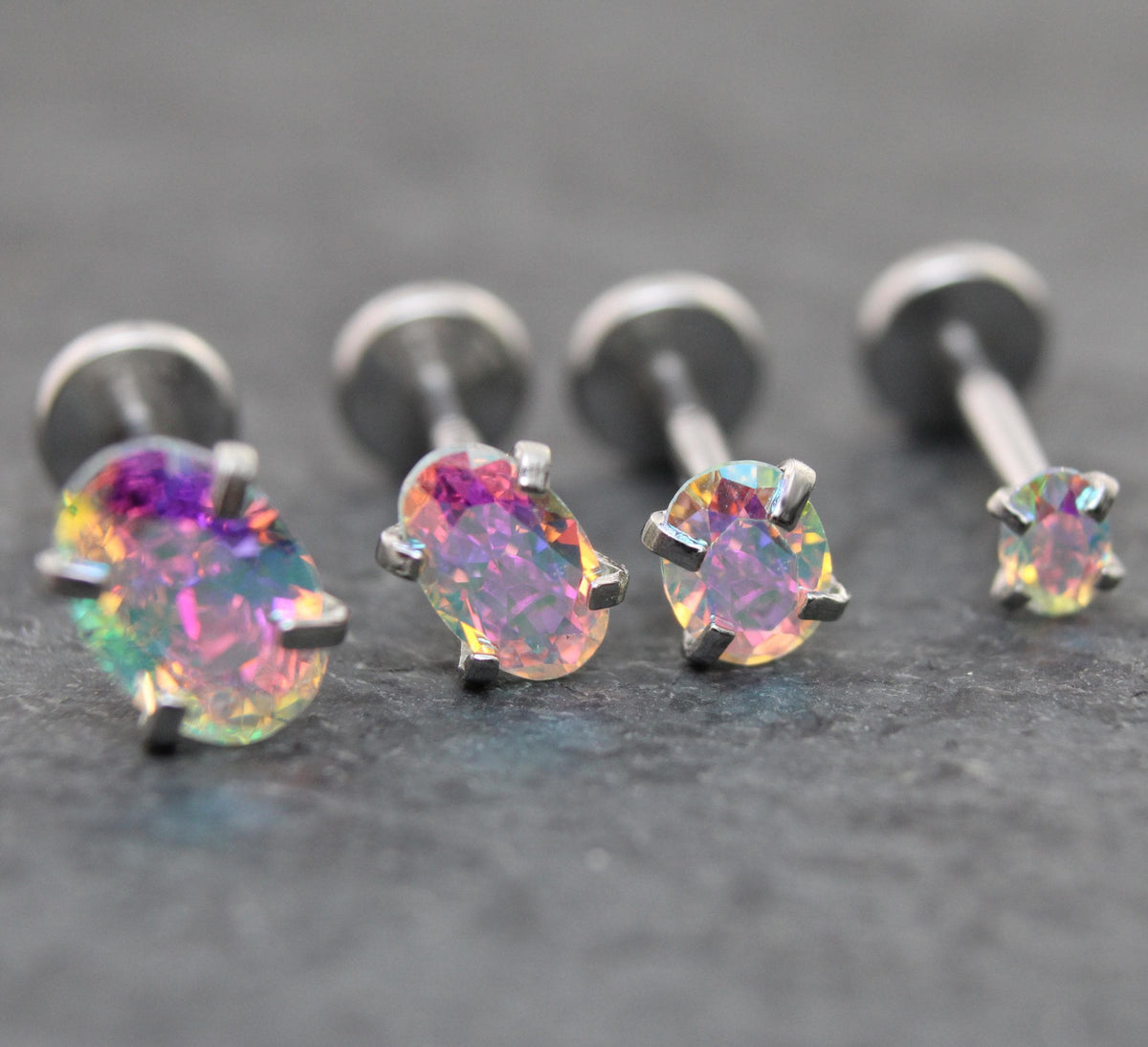 Tiny Oval AB CZ Tragus Silver Stud Earring • Rainbow Nose Ring • Tragus Piercing Stud Threadless Push Pin Flat Back Earring • Forward Helix