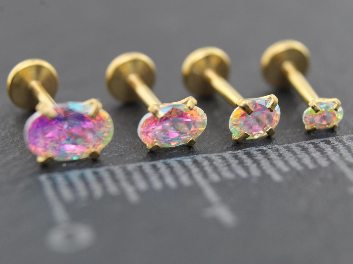 Gold Oval AB CZ Tragus Stud Earring • Gold PVD Rainbow Nose Ring • Tiny Tragus Piercing Stud • Threadless Push Pin Flat Back Earring