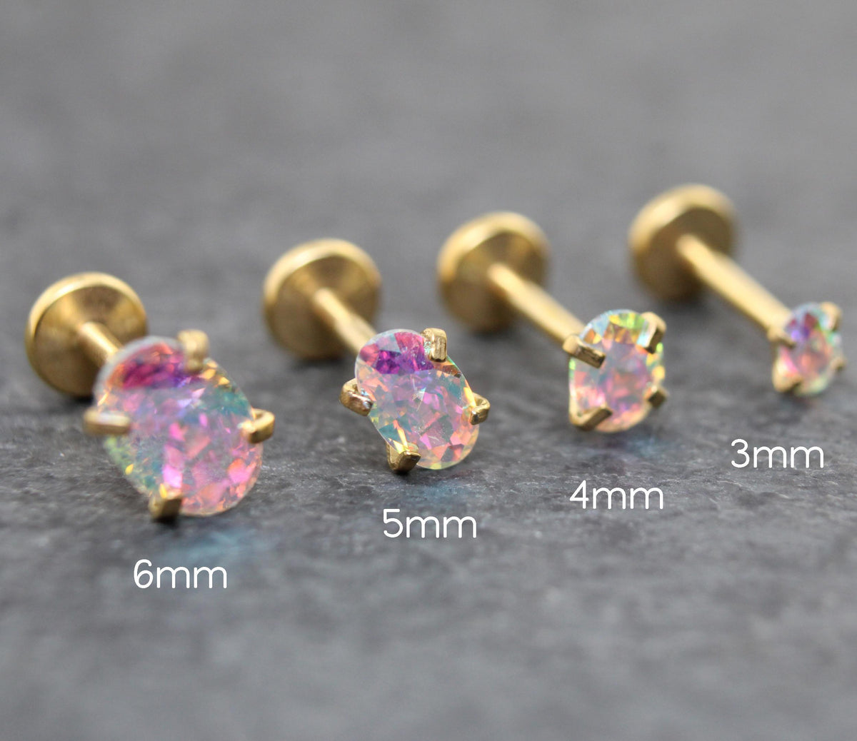 Gold Oval AB CZ Tragus Stud Earring • Gold PVD Rainbow Nose Ring • Tiny Tragus Piercing Stud • Threadless Push Pin Flat Back Earring