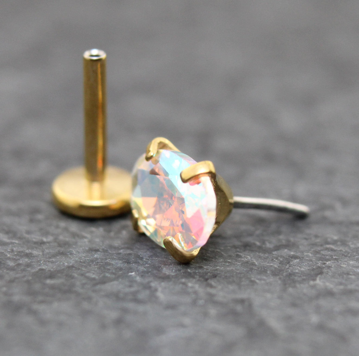 Gold Oval AB CZ Tragus Stud Earring • Gold PVD Rainbow Nose Ring • Tiny Tragus Piercing Stud • Threadless Push Pin Flat Back Earring