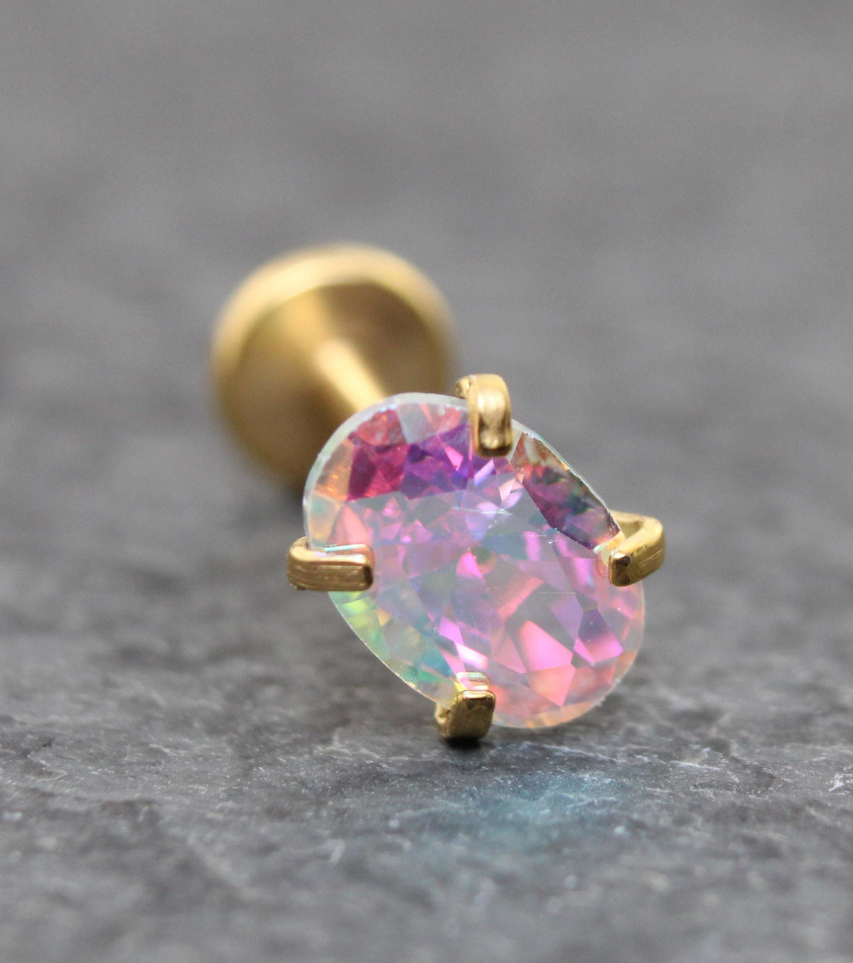 Gold Oval AB CZ Tragus Stud Earring • Gold PVD Rainbow Nose Ring • Tiny Tragus Piercing Stud • Threadless Push Pin Flat Back Earring