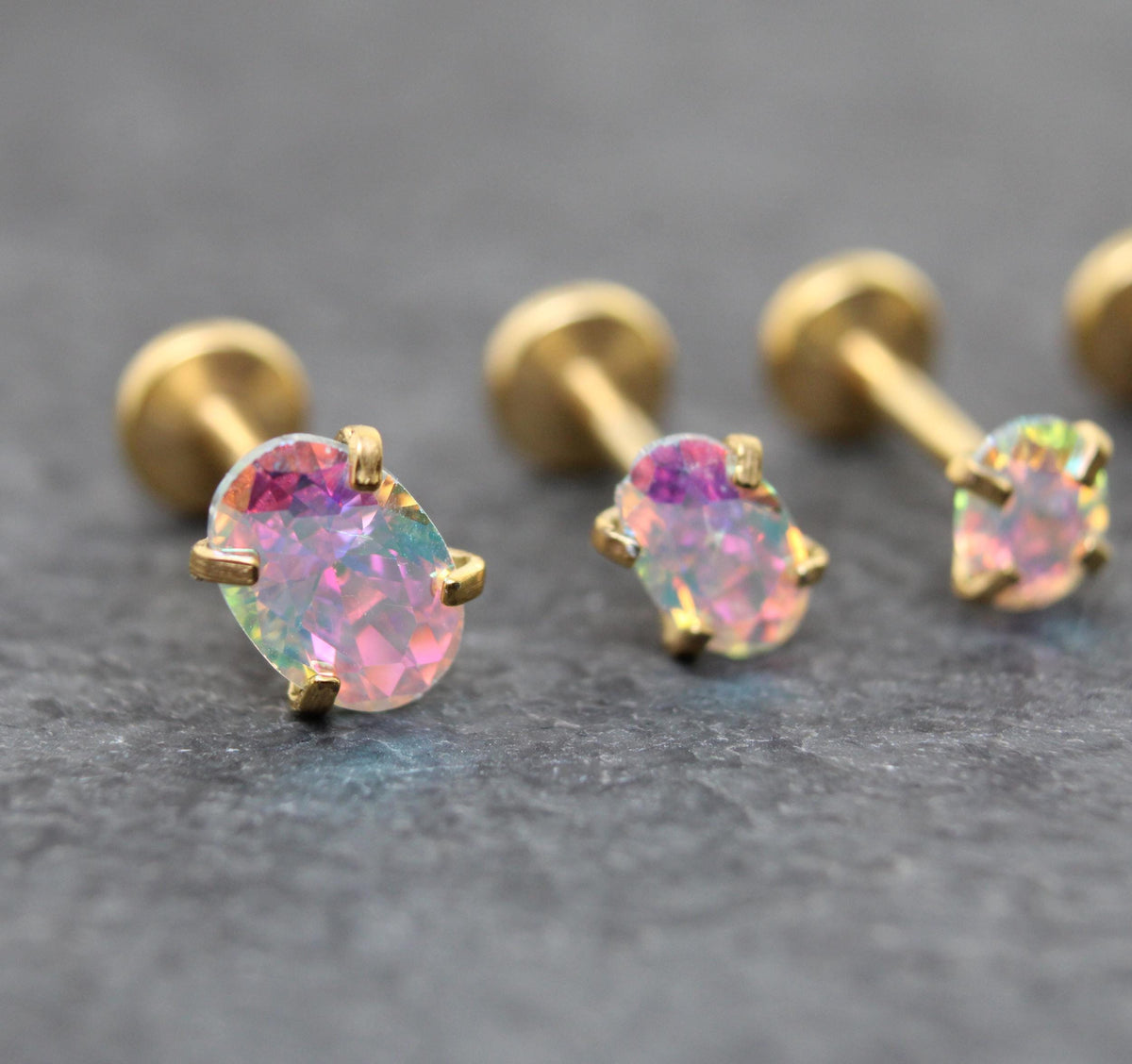 Gold Oval AB CZ Tragus Stud Earring • Gold PVD Rainbow Nose Ring • Tiny Tragus Piercing Stud • Threadless Push Pin Flat Back Earring
