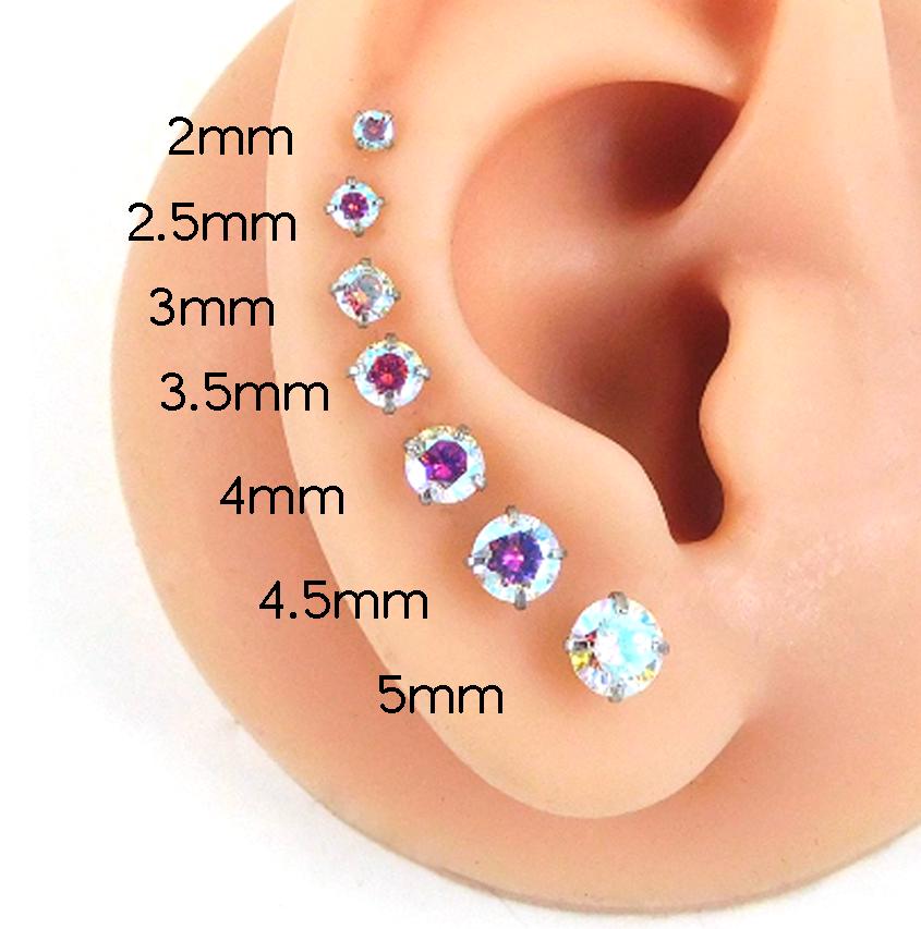 AB Moissanite Threadless Stud Earring:  Tiny Tragus Earring -  Cartilage Piercing Stud - Flat Back Nose Ring - Labret Stud Earring