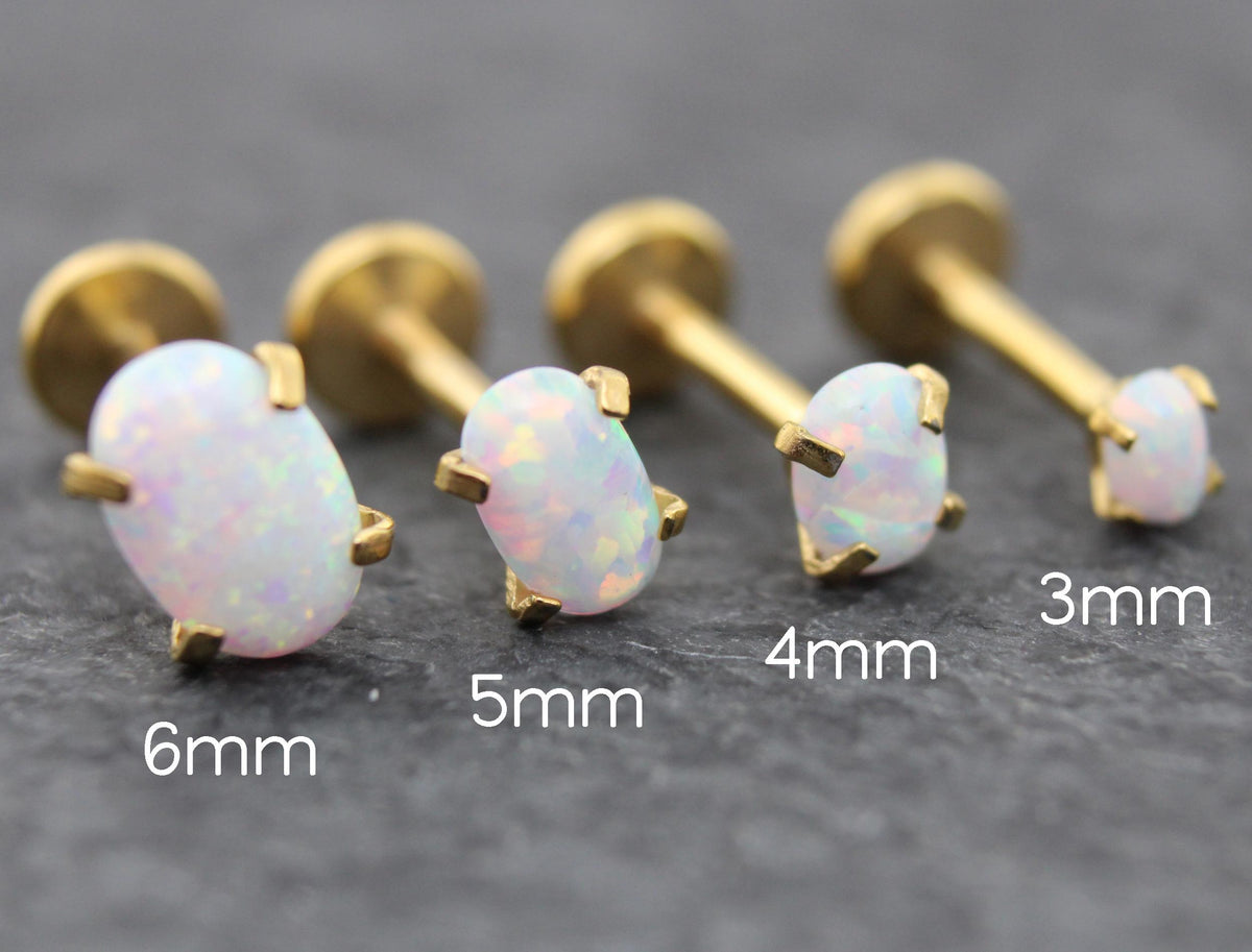 Tiny Opal Flat Back Gold Earring • Oval Tragus Piercing Stud • Threadless Push Pin Flat Back Earring • Forward Helix • Gold Nose Ring