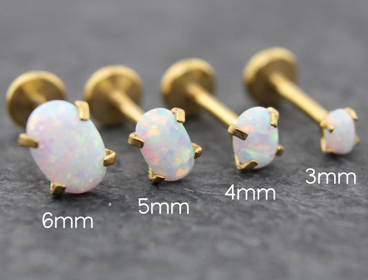 Tiny Opal Flat Back Gold Earring • Oval Tragus Piercing Stud • Threadless Push Pin Flat Back Earring • Forward Helix • Gold Nose Ring