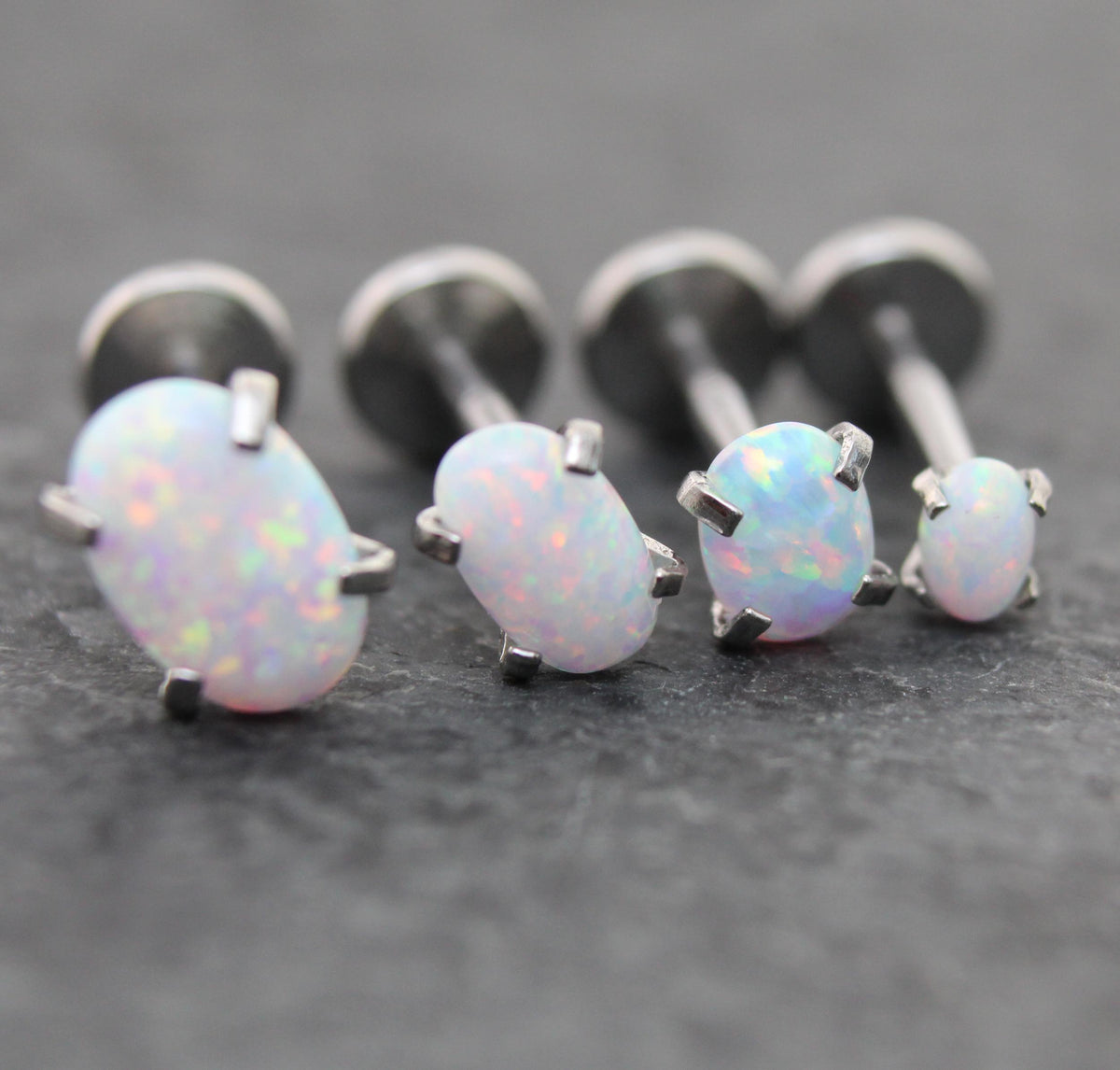 Tiny Oval Opal Flat Back Earring • Threadless Push Pin Flat Back Earring • Forward Helix • Oval Tragus Piercing Stud • Nose Ring