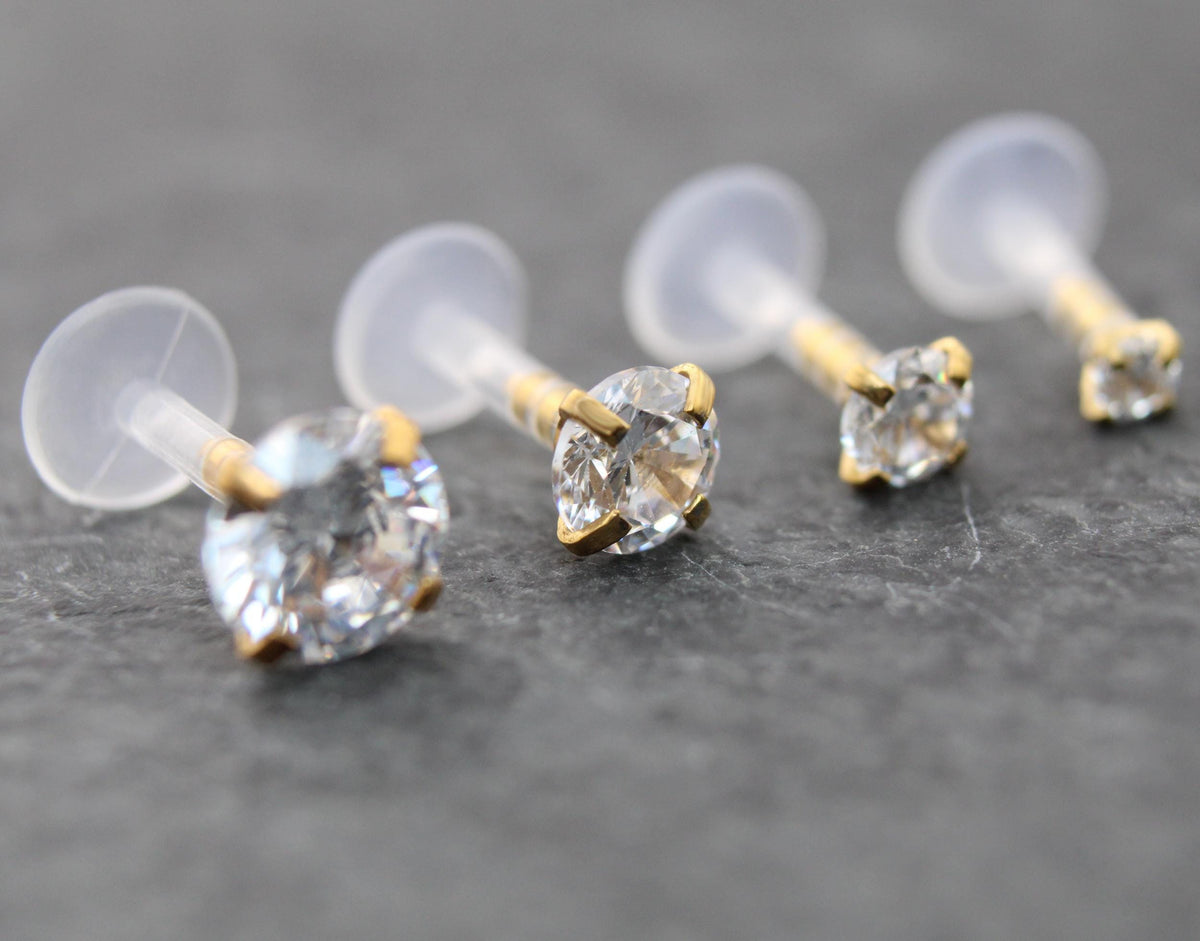 16G Gold PVD CZ Threadless Earring, BioFlex Flatback - Tiny Gold Tragus Earring - Labret Stud Earring - Forward Helix Cartilage Earring
