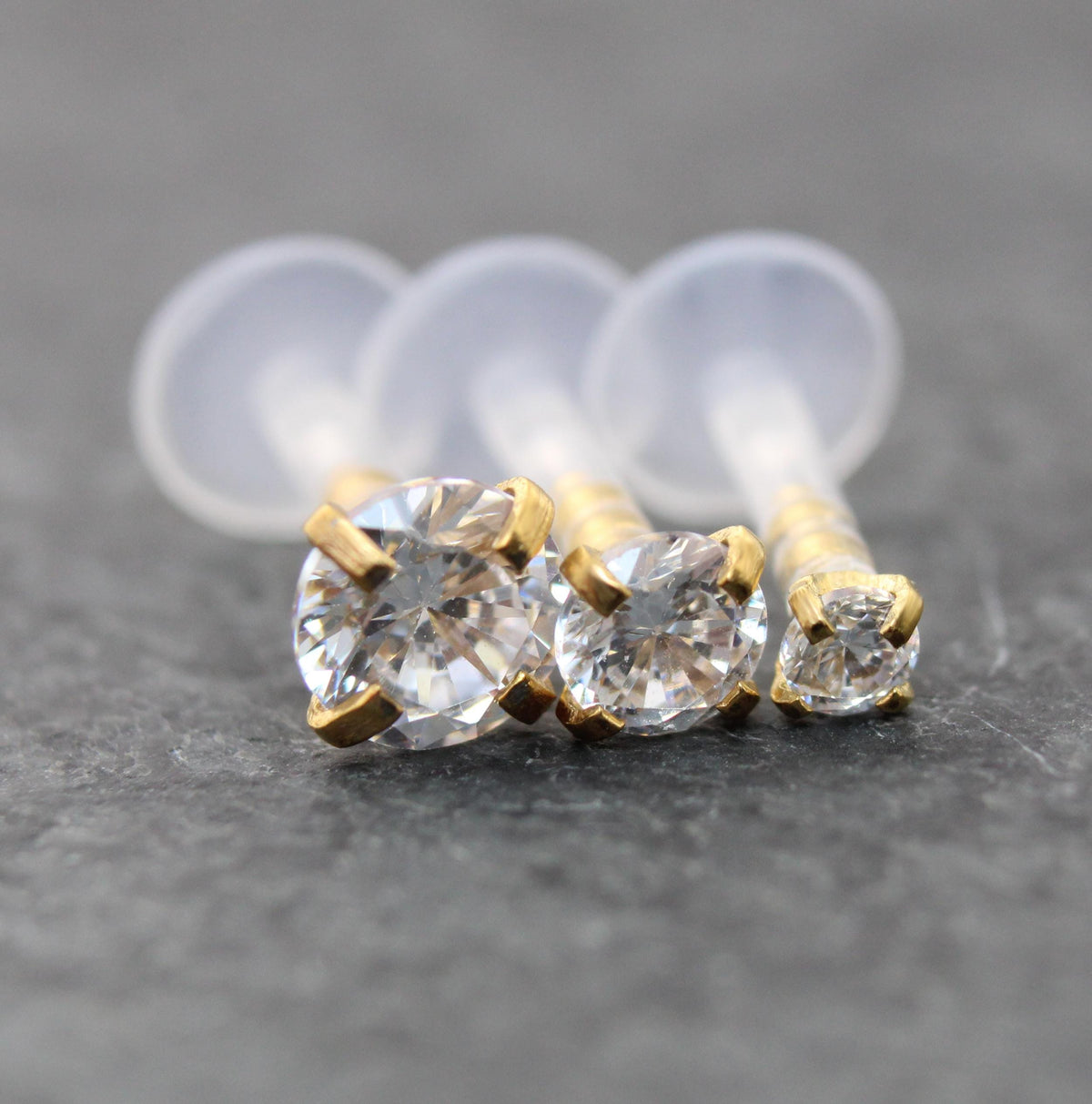 16G Gold PVD CZ Threadless Earring, BioFlex Flatback - Tiny Gold Tragus Earring - Labret Stud Earring - Forward Helix Cartilage Earring