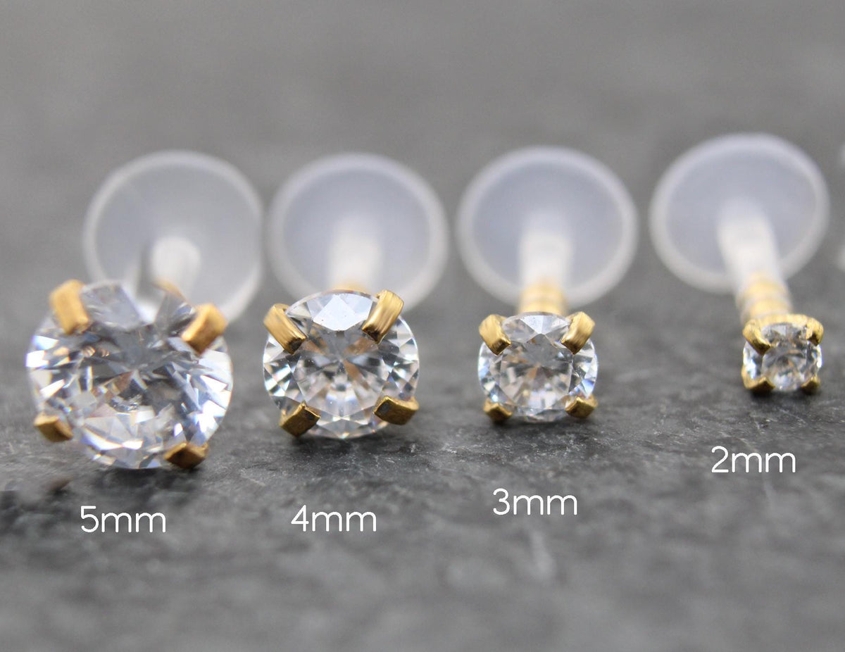 16G Gold PVD CZ Threadless Earring, BioFlex Flatback - Tiny Gold Tragus Earring - Labret Stud Earring - Forward Helix Cartilage Earring