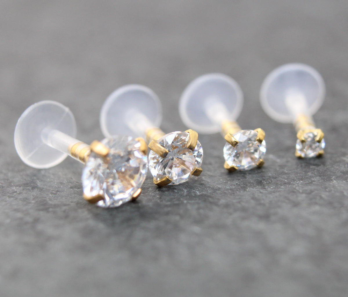 16G Gold PVD CZ Threadless Earring, BioFlex Flatback - Tiny Gold Tragus Earring - Labret Stud Earring - Forward Helix Cartilage Earring