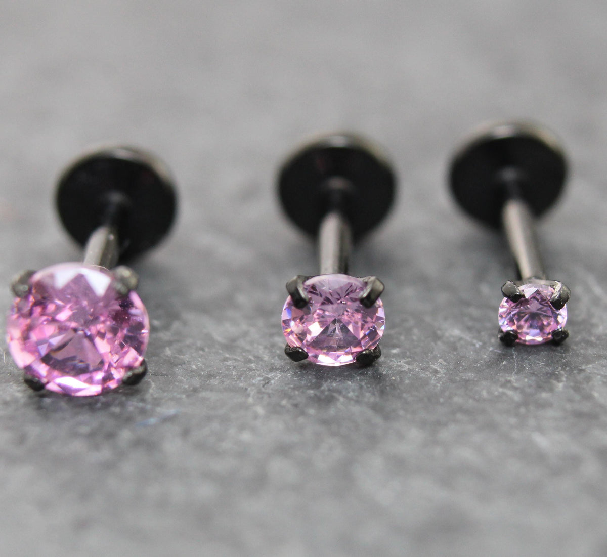 Tiny Pink Tragus Stud Earring, Threadless Piercing Stud • Black Cartilage Flat Back Earring • Hypoallergenic Labret Piercing • Forward Helix