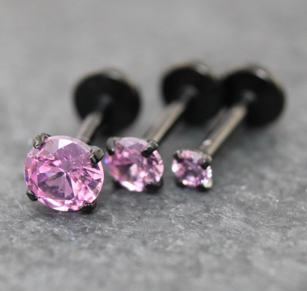 Tiny Pink Black Tragus Stud Earring, Threadless Piercing Stud • Cartilage Flat Back Earring • Hypoallergenic Labret Piercing • Forward Helix