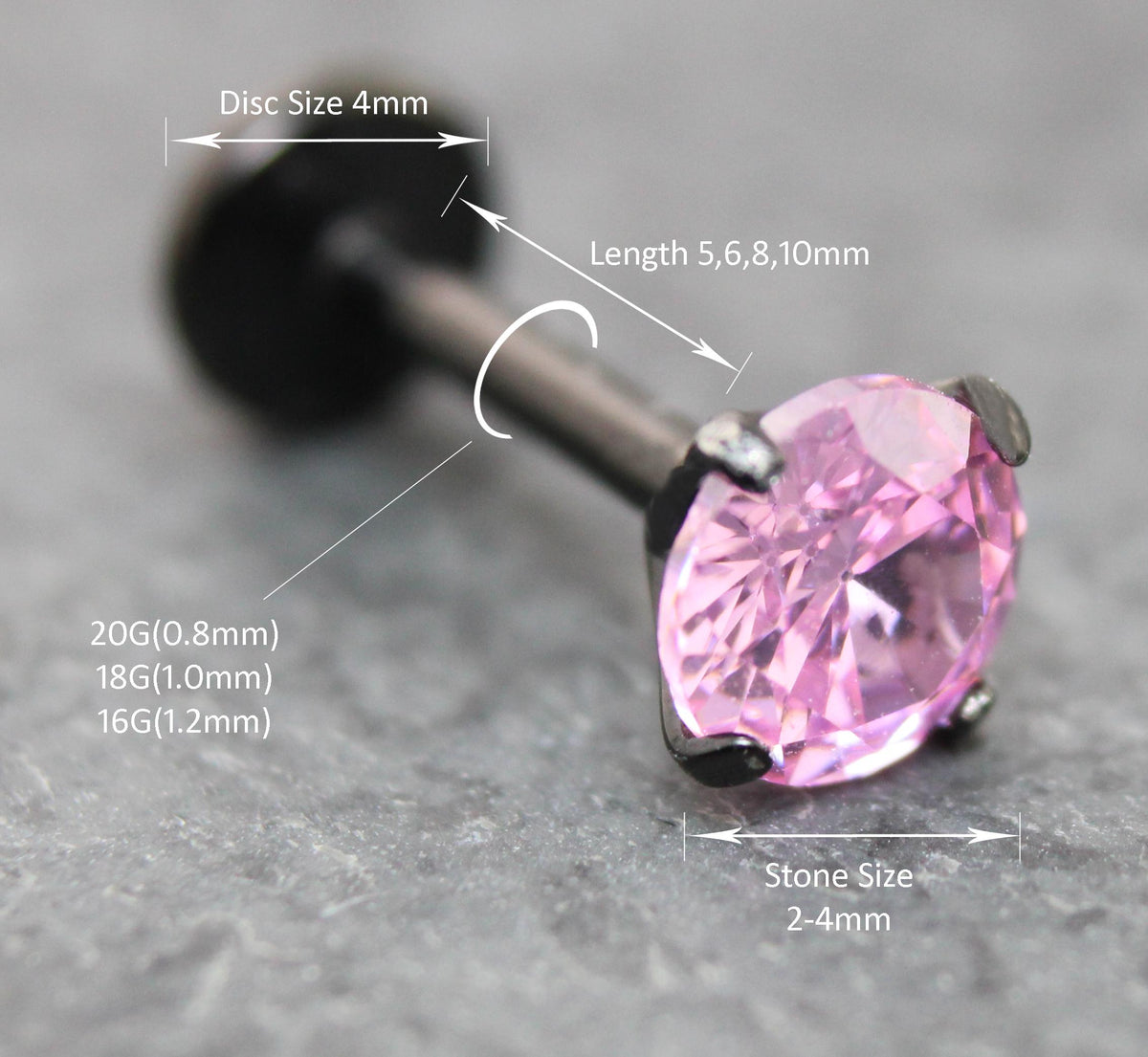 Tiny Pink Tragus Stud Earring, Threadless Piercing Stud • Black Cartilage Flat Back Earring • Hypoallergenic Labret Piercing • Forward Helix