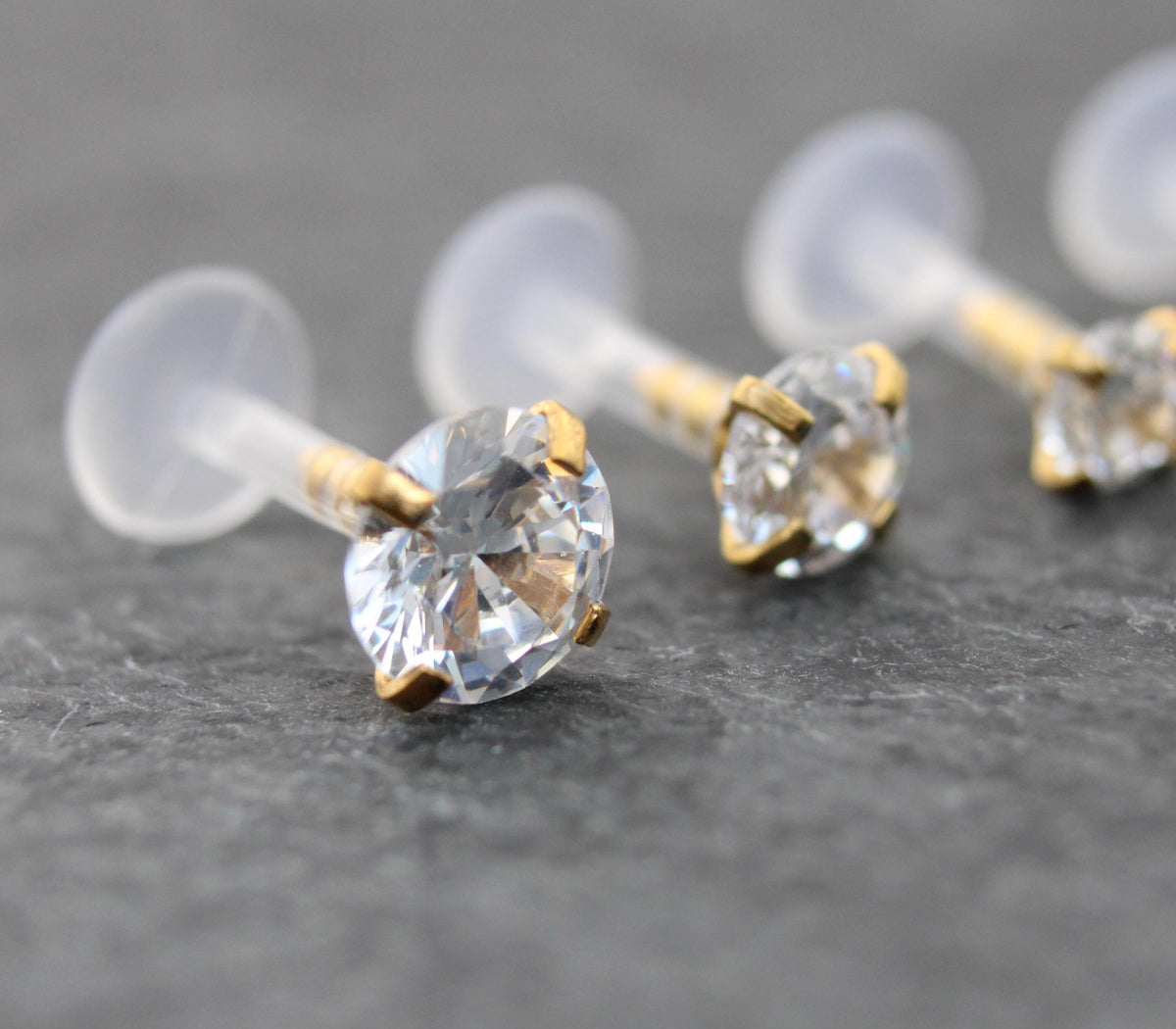 16G Gold PVD CZ Threadless Earring, BioFlex Flatback - Tiny Gold Tragus Earring - Labret Stud Earring - Forward Helix Cartilage Earring