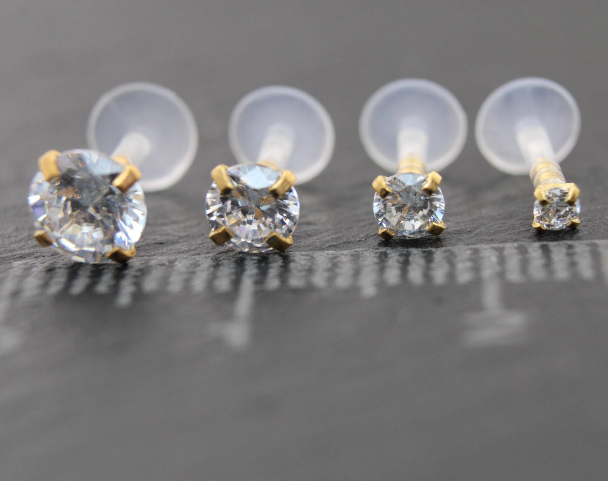 16G Gold PVD CZ Threadless Earring, BioFlex Flatback - Tiny Gold Tragus Earring - Labret Stud Earring - Forward Helix Cartilage Earring