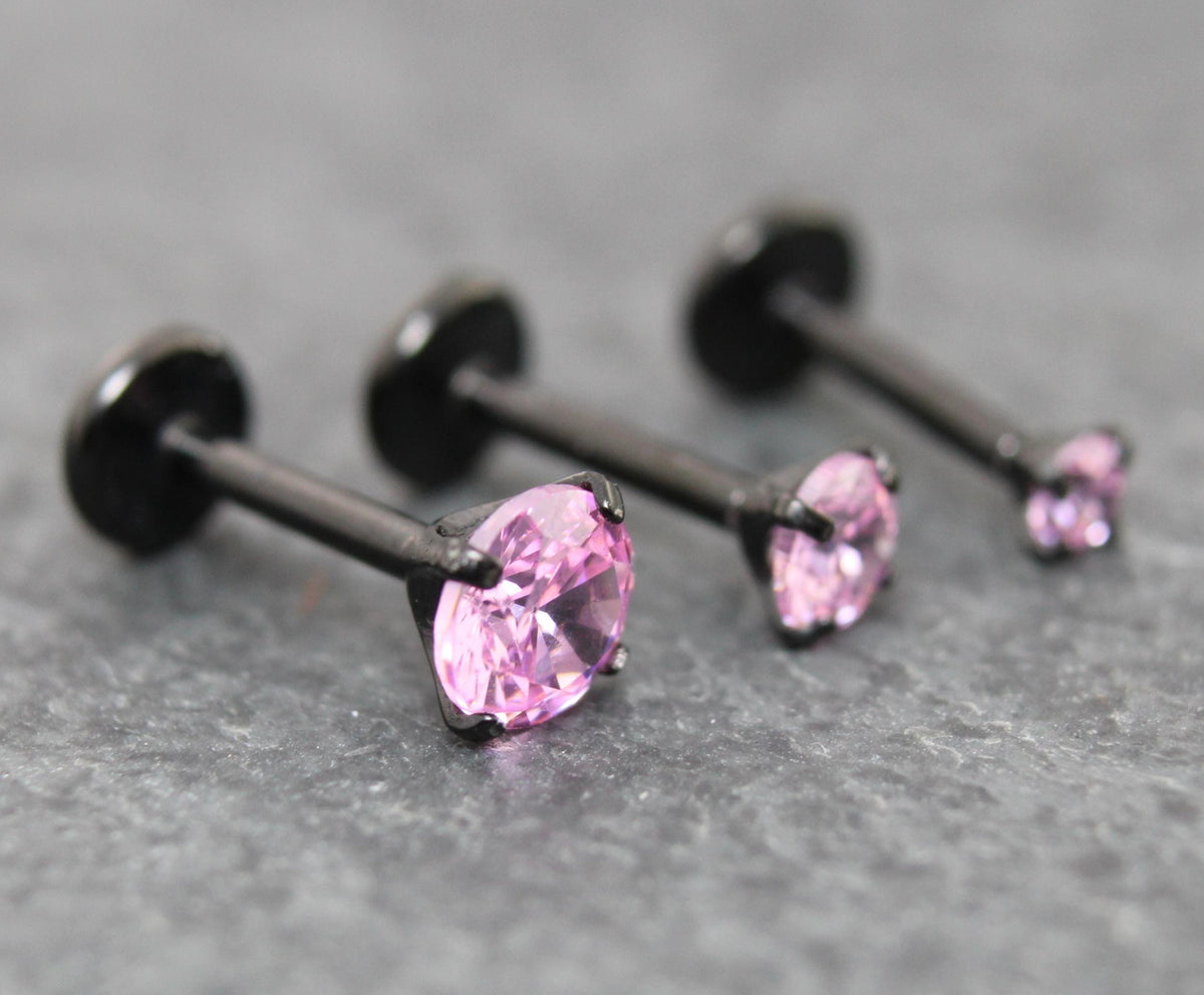 Tiny Pink Tragus Stud Earring, Threadless Piercing Stud • Black Cartilage Flat Back Earring • Hypoallergenic Labret Piercing • Forward Helix