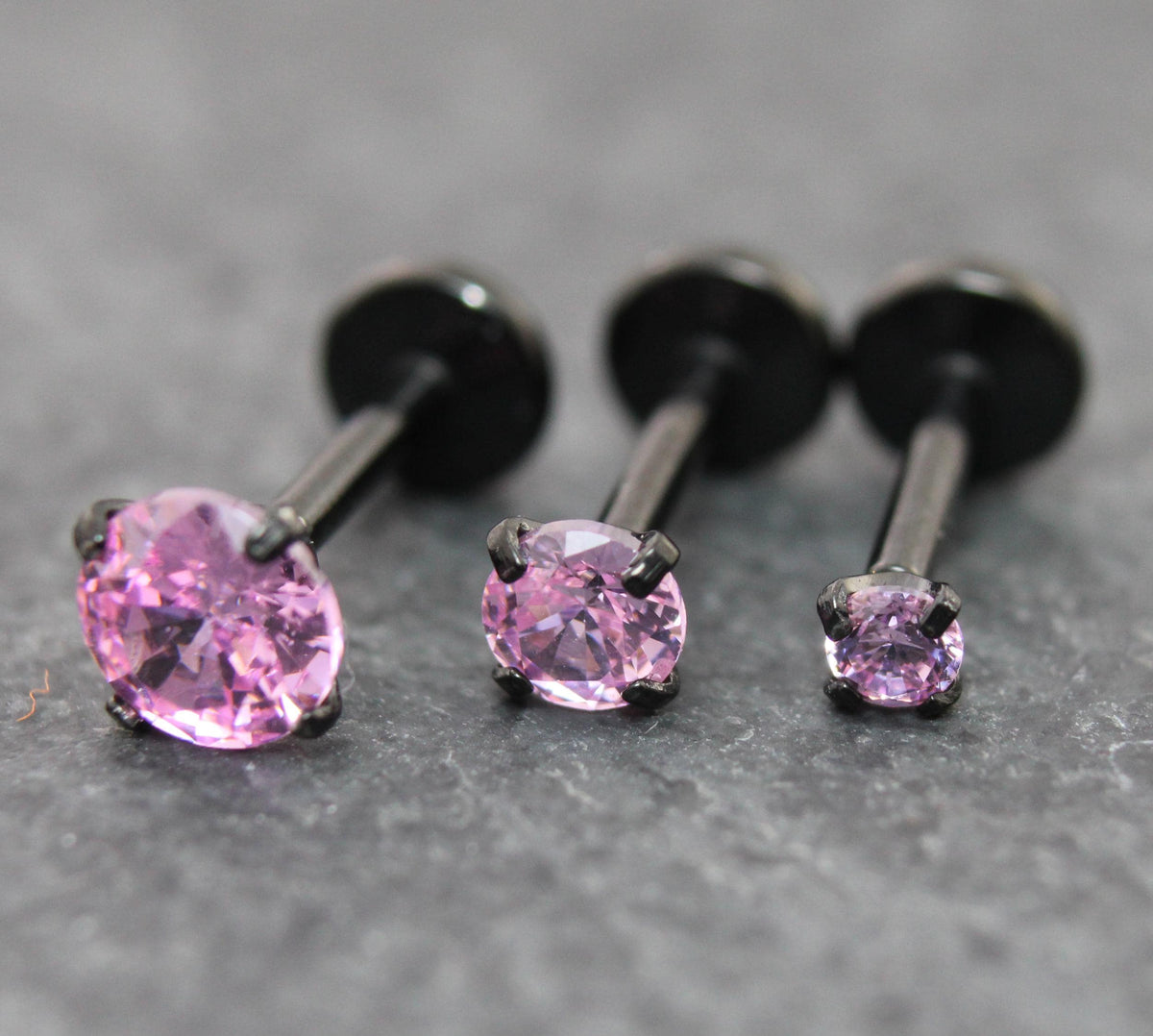 Tiny Pink Black Tragus Stud Earring, Threadless Piercing Stud • Cartilage Flat Back Earring • Hypoallergenic Labret Piercing • Forward Helix