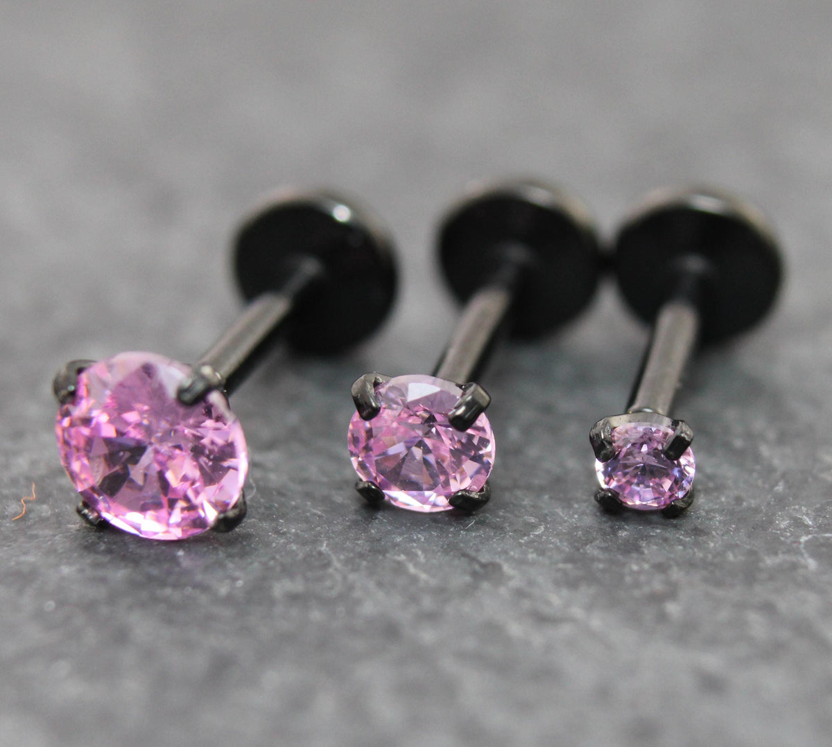 Tiny Pink Tragus Stud Earring, Threadless Piercing Stud • Black Cartilage Flat Back Earring • Hypoallergenic Labret Piercing • Forward Helix