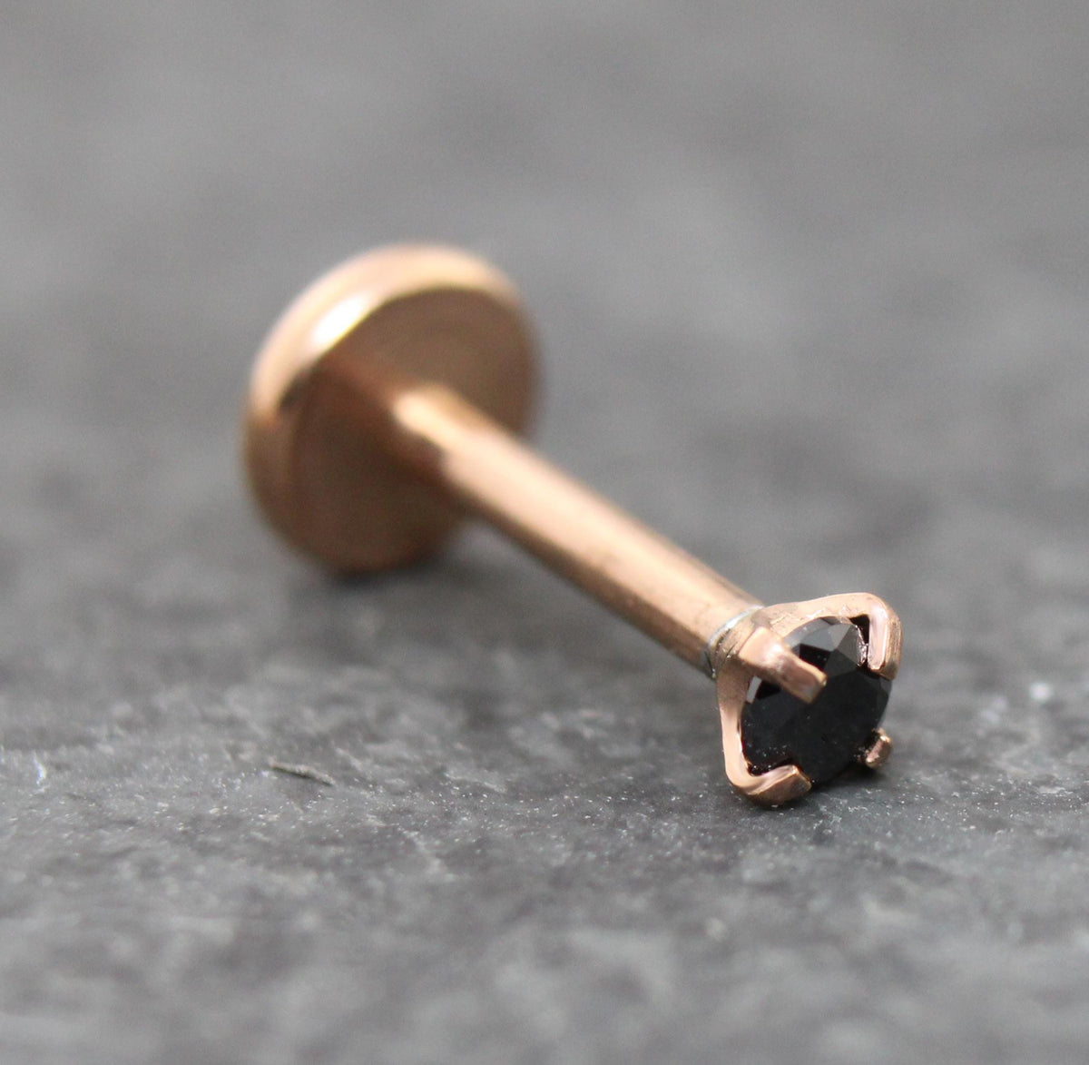Black CZ Threadless Rose Gold Stud Earring • Tiny Tragus Flat Back • Labret Piercing Stud • Rose Gold PVD Nose Stud • Forward Helix Earring