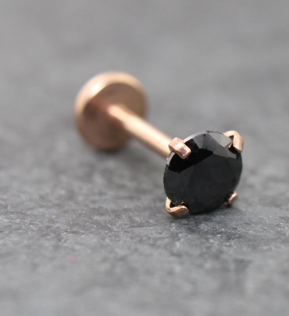 Black CZ Threadless Rose Gold Stud Earring • Tiny Tragus Flat Back • Labret Piercing Stud • Rose Gold PVD Nose Stud • Forward Helix Earring