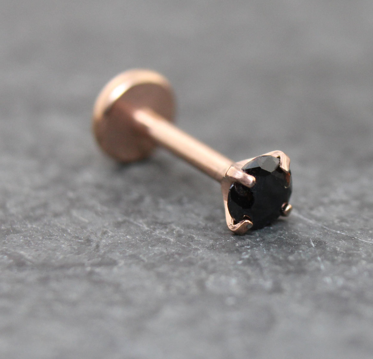 Black CZ Threadless Rose Gold Stud Earring • Tiny Tragus Flat Back • Labret Piercing Stud • Rose Gold PVD Nose Stud • Forward Helix Earring