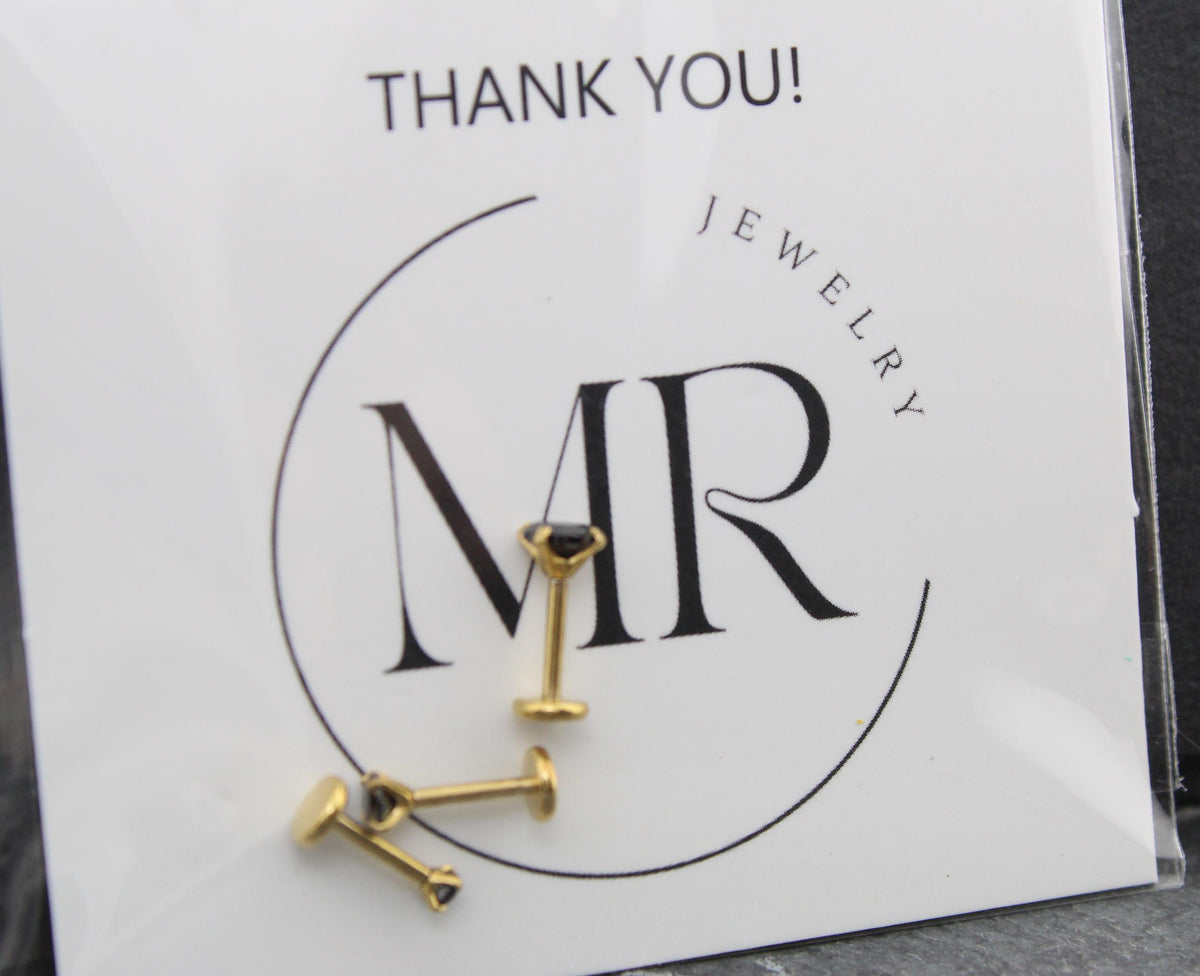 Black CZ Gold Flat Back Stud Earrings ~ Push Pin Nose Ring ~  Tiny Tragus Piercing Stud ~ Labret Earring ~ Gold PVD Threadless Earring Stack