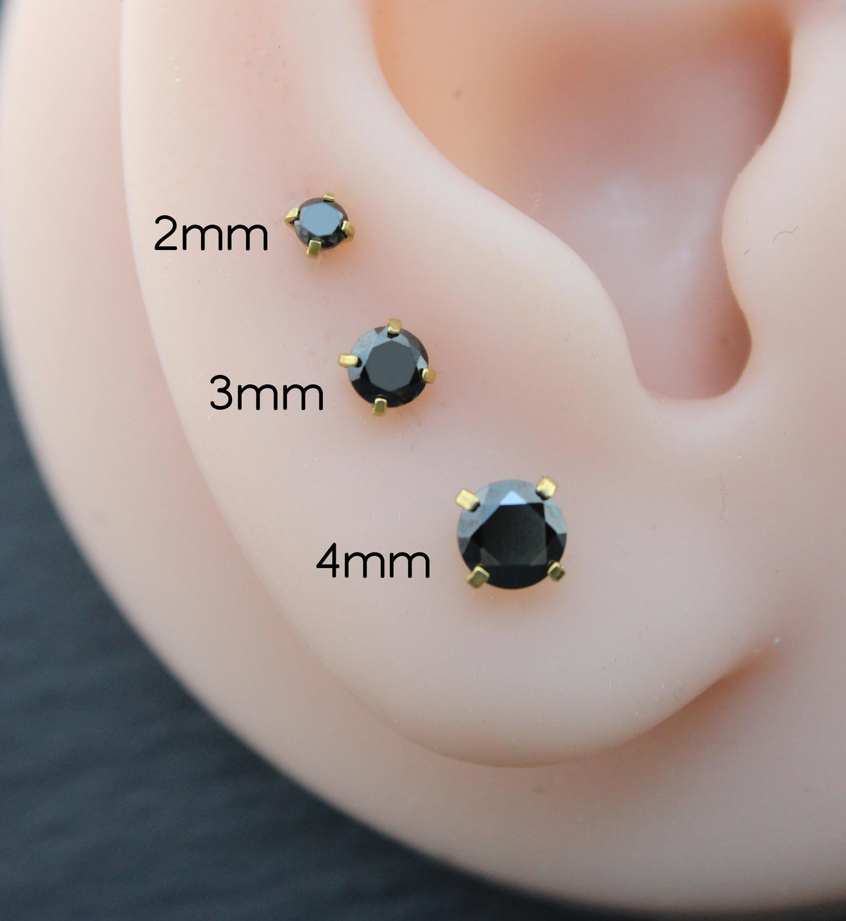 Black CZ Gold Flat Back Stud Earrings ~ Push Pin Nose Ring ~  Tiny Tragus Piercing Stud ~ Labret Earring ~ Gold PVD Threadless Earring Stack