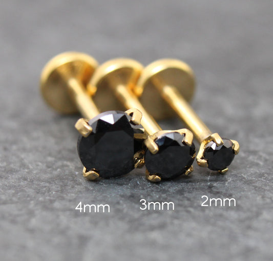 Black CZ Gold Flat Back Stud Earrings ~ Push Pin Nose Ring ~  Tiny Tragus Piercing Stud ~ Labret Earring ~ Gold PVD Threadless Earring Stack