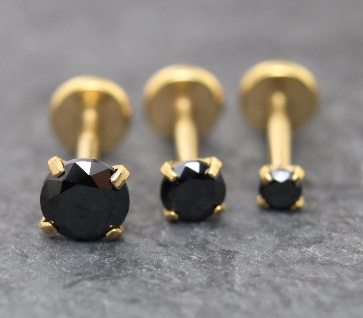 Black CZ Gold Threadless Stud Earrings ~ Push Pin Nose Ring ~ Tragus Piercing Stud ~ Labret Earring ~ Gold PVD Flat Back Earring Stack