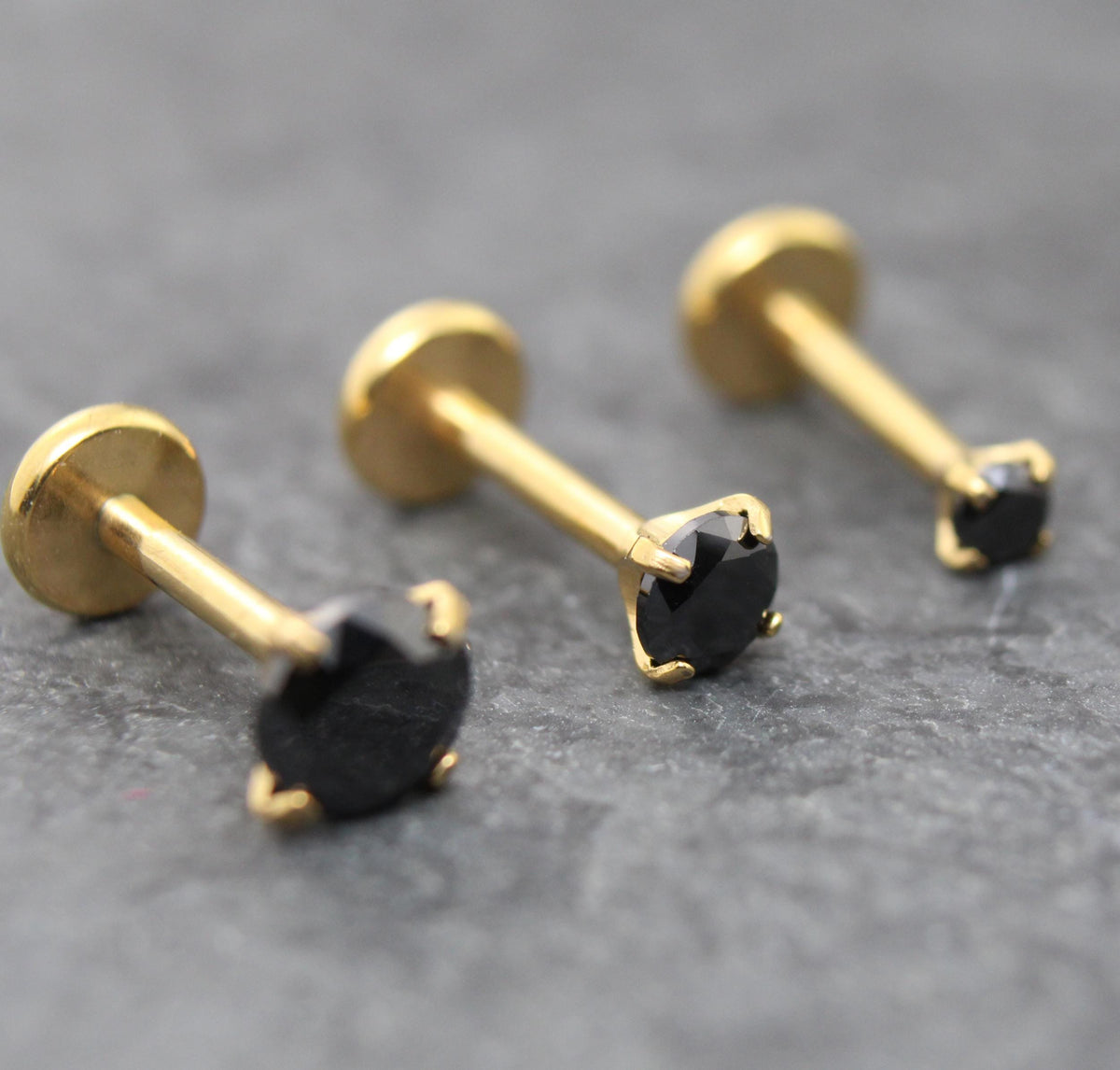 Black CZ Gold Flat Back Stud Earrings ~ Push Pin Nose Ring ~  Tiny Tragus Piercing Stud ~ Labret Earring ~ Gold PVD Threadless Earring Stack