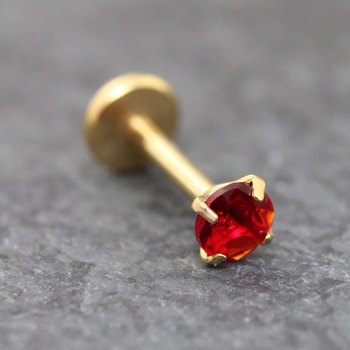 Red CZ Gold Flat Back Stud Earrings ~ Push Pin Nose Ring ~  Tiny Tragus Piercing Stud ~ Cartilage Stud ~ Gold PVD Threadless Earring Stack