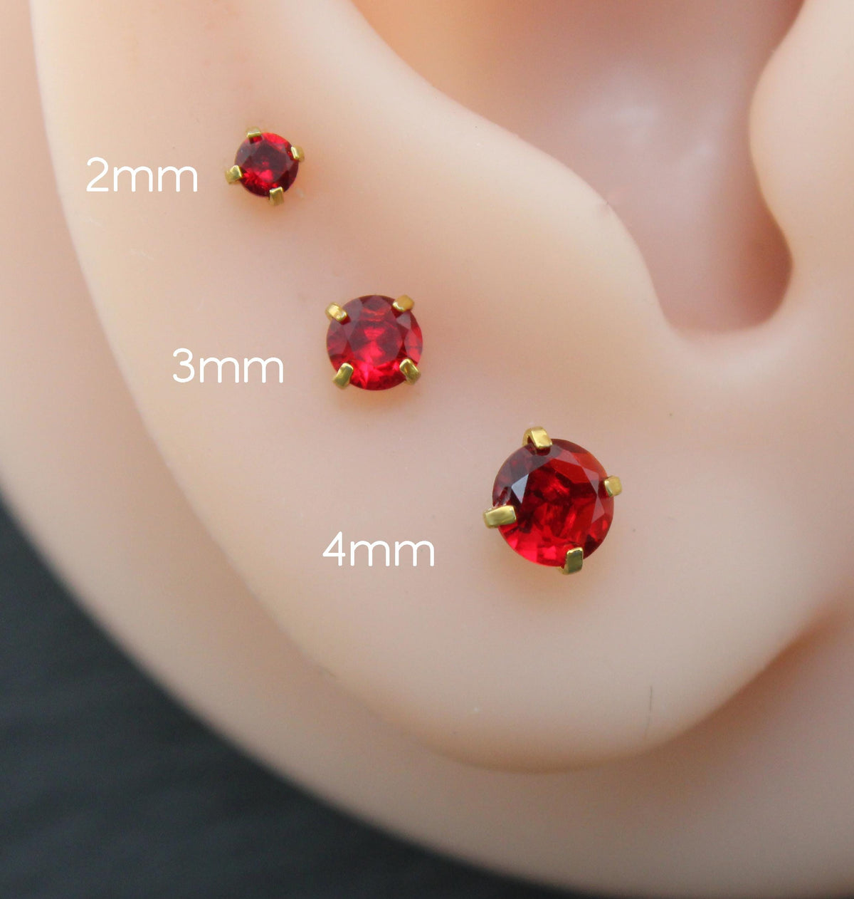 Red CZ Gold Flat Back Stud Earrings ~ Push Pin Nose Ring ~  Tiny Tragus Piercing Stud ~ Cartilage Stud ~ Gold PVD Threadless Earring Stack
