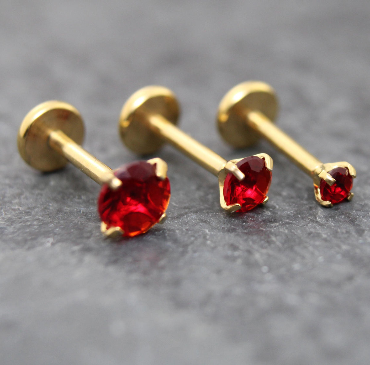 Red CZ Gold Flat Back Stud Earrings ~ Push Pin Nose Ring ~  Tiny Tragus Piercing Stud ~ Cartilage Stud ~ Gold PVD Threadless Earring Stack