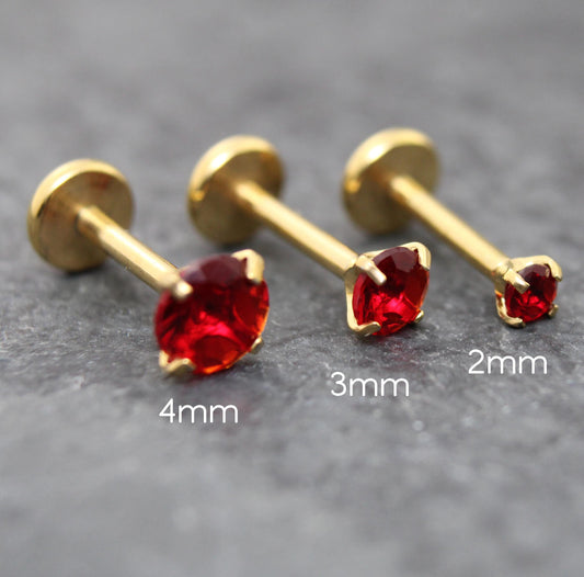 Red CZ Gold Flat Back Stud Earrings ~ Push Pin Nose Ring ~  Tiny Tragus Ear Stack ~ Cartilage Stud ~ Gold PVD Threadless Piercing Stud