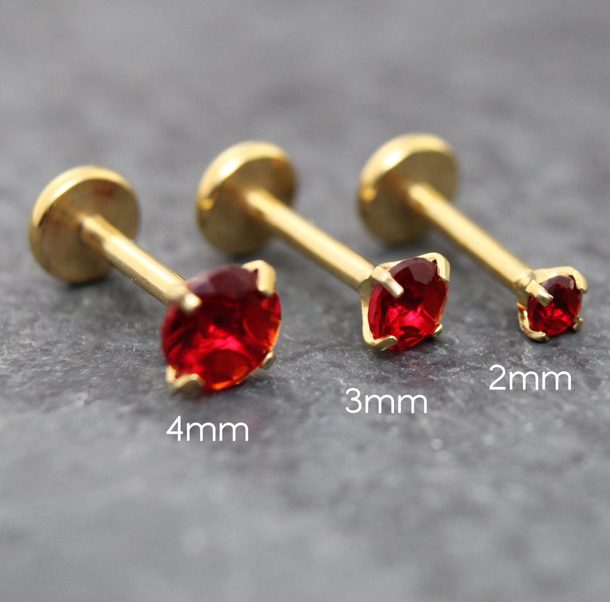 Red CZ Gold Flat Back Stud Earrings ~ Push Pin Nose Ring ~  Tiny Tragus Piercing Stud ~ Cartilage Stud ~ Gold PVD Threadless Earring Stack