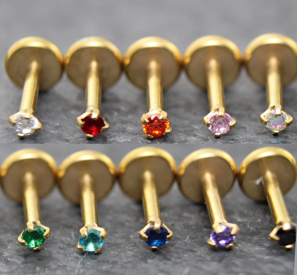 Tiny Flat Back Gold Stud Earring • Threadless Push Pin Flat Back Earring • Threadless Tragus Ear Stack • Petite 1.5mm CZ Gold Forward Helix