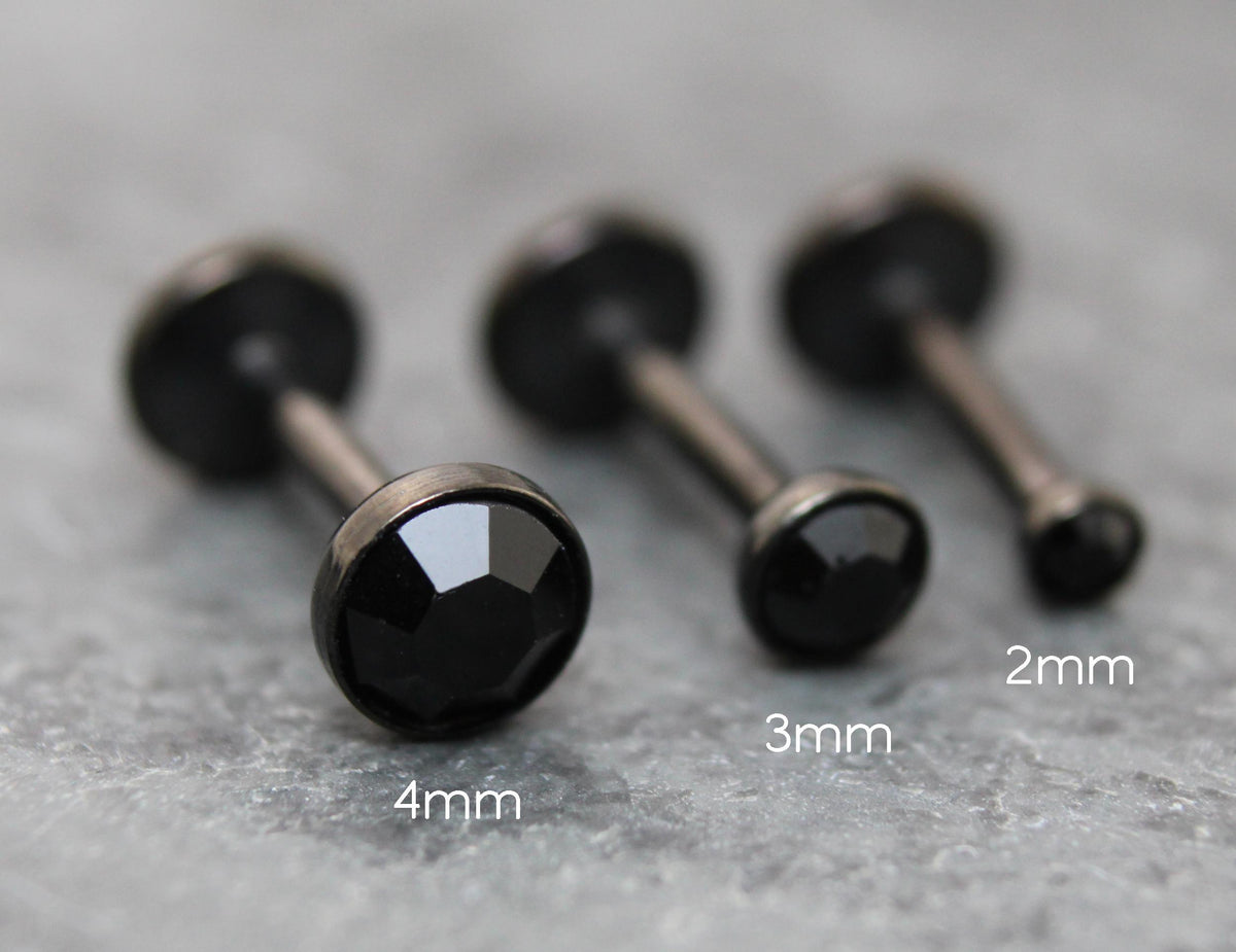 Tiny Black Crystal Threadless Flat Back Earring - Tragus Piercing Stud - Labret Stud Earring Stack - Helix Earring - Bezel Set Nose Ring