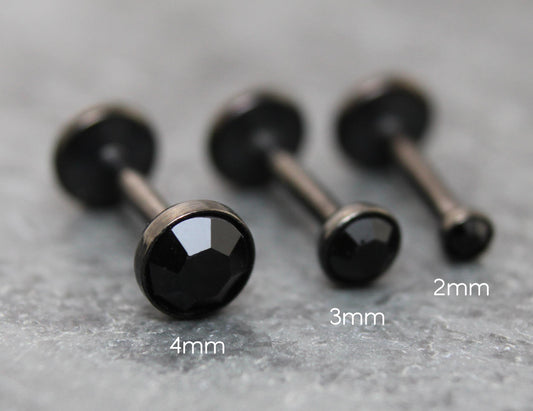 Tiny Black Crystal Threadless Flat Back Earring - Tragus Piercing Stud - Labret Stud Earring Stack - Helix Earring - Bezel Set Nose Ring