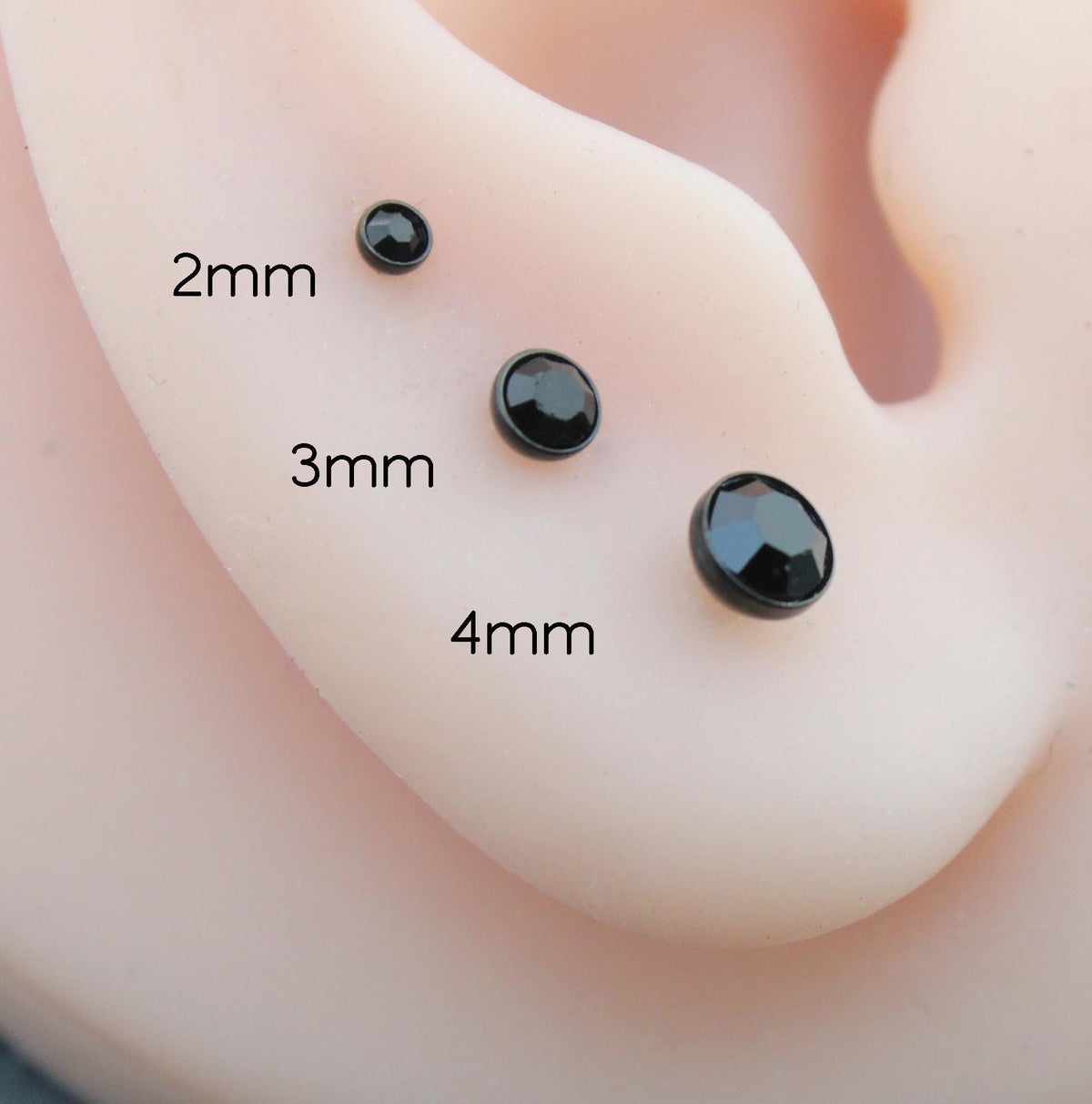 Black Crystal Threadless Flat Back Earring - Tragus Piercing Stud - Labret Stud Earring Stack - Helix Earring - Tiny Bezel Set Nose Ring