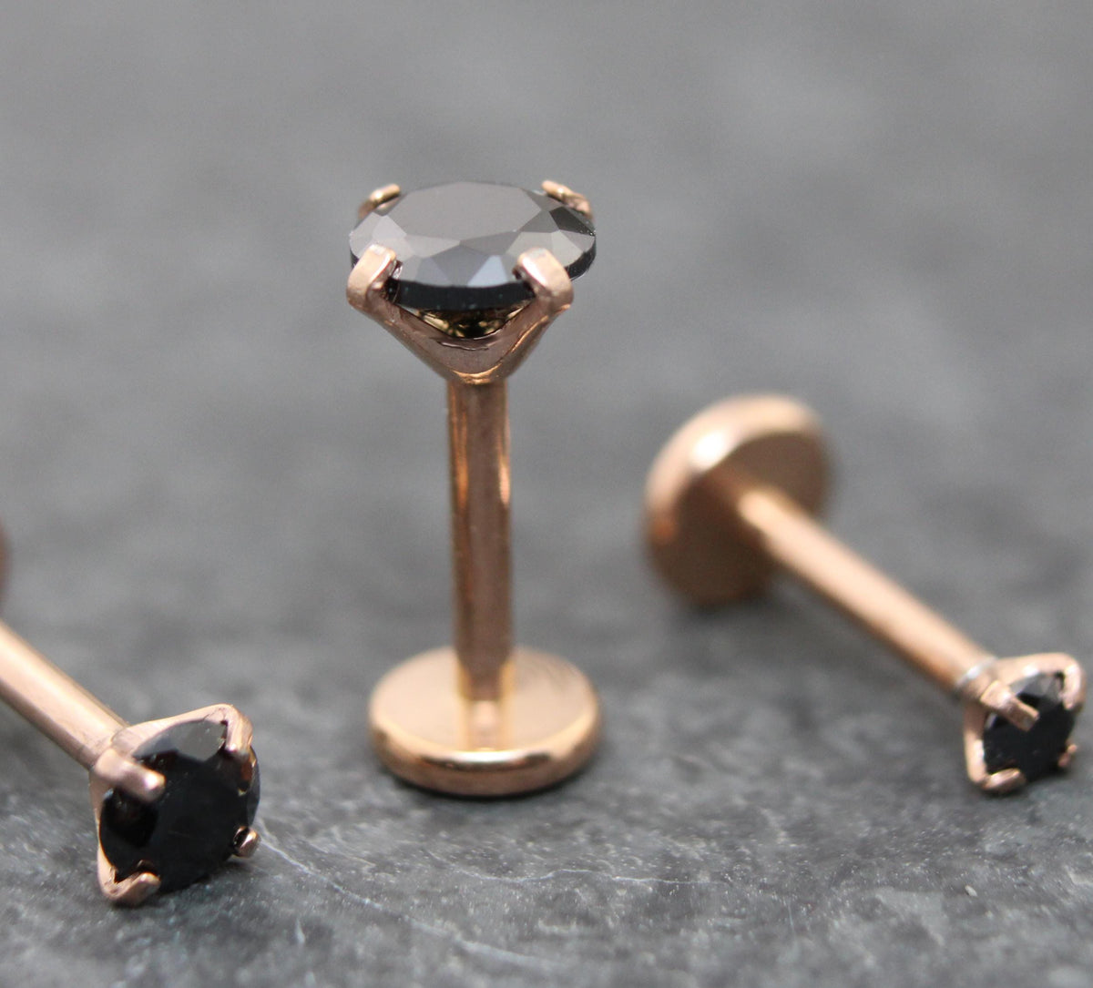 Black CZ Threadless Rose Gold Stud Earring • Tiny Tragus Flat Back • Labret Piercing Stud • Rose Gold PVD Nose Stud • Forward Helix Earring